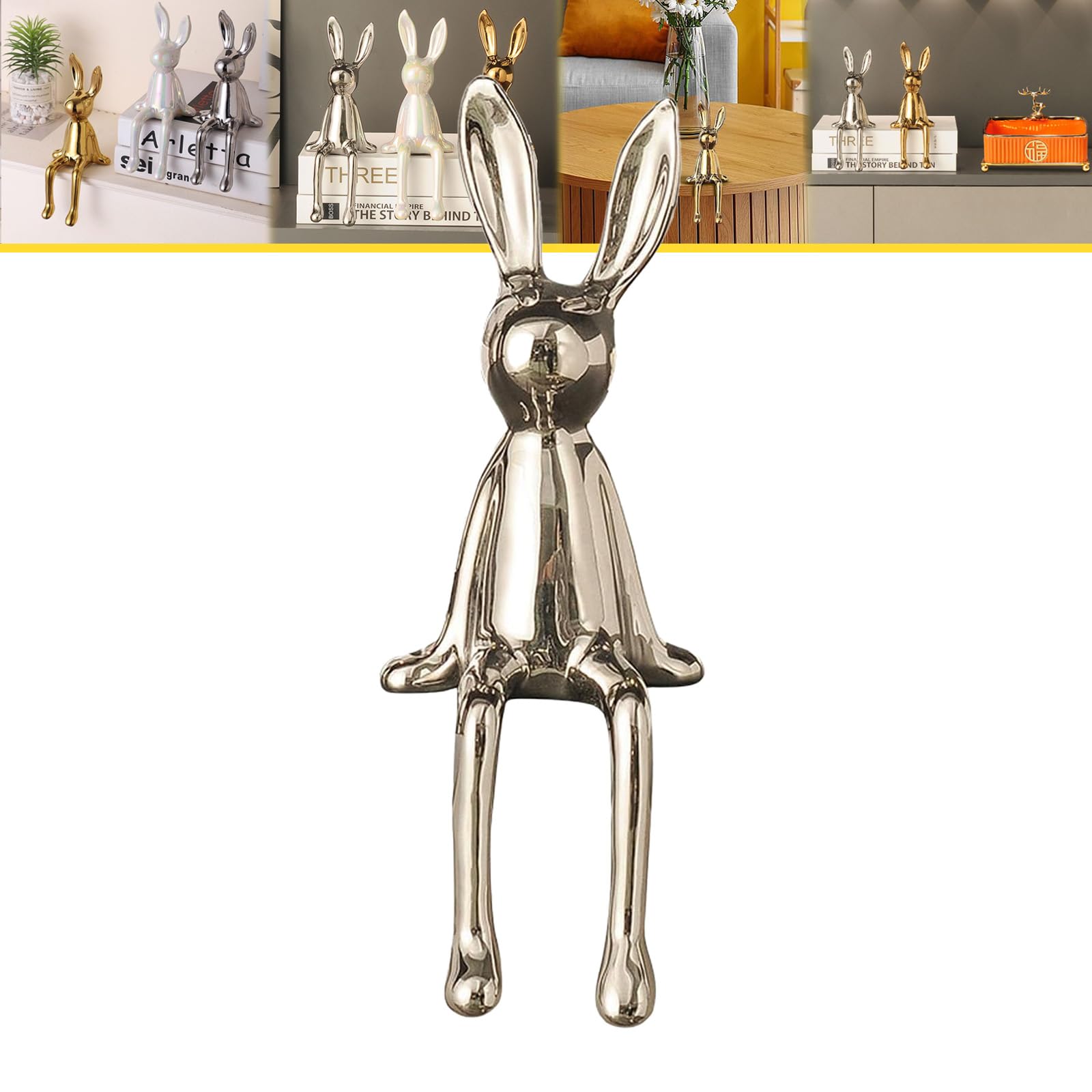 WXQZHF Brass Sitting Bunny, Sitting Bunny for Shelf, Ceramic Electroplate Rabbit Figurine, Collectible Bunny Statue for Living Room, Office Desktop, Bookshelf Decor.(Silver)