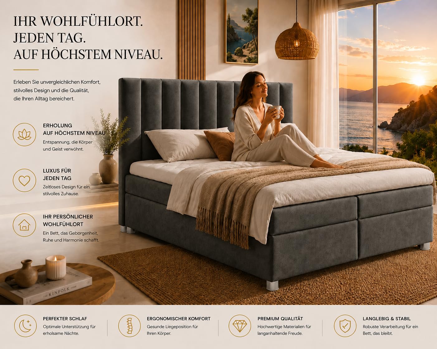 Boxspringbett mit Bettkasten Trinity K-10 Bonellfederkern inkl. Topper 200x200 Graphit