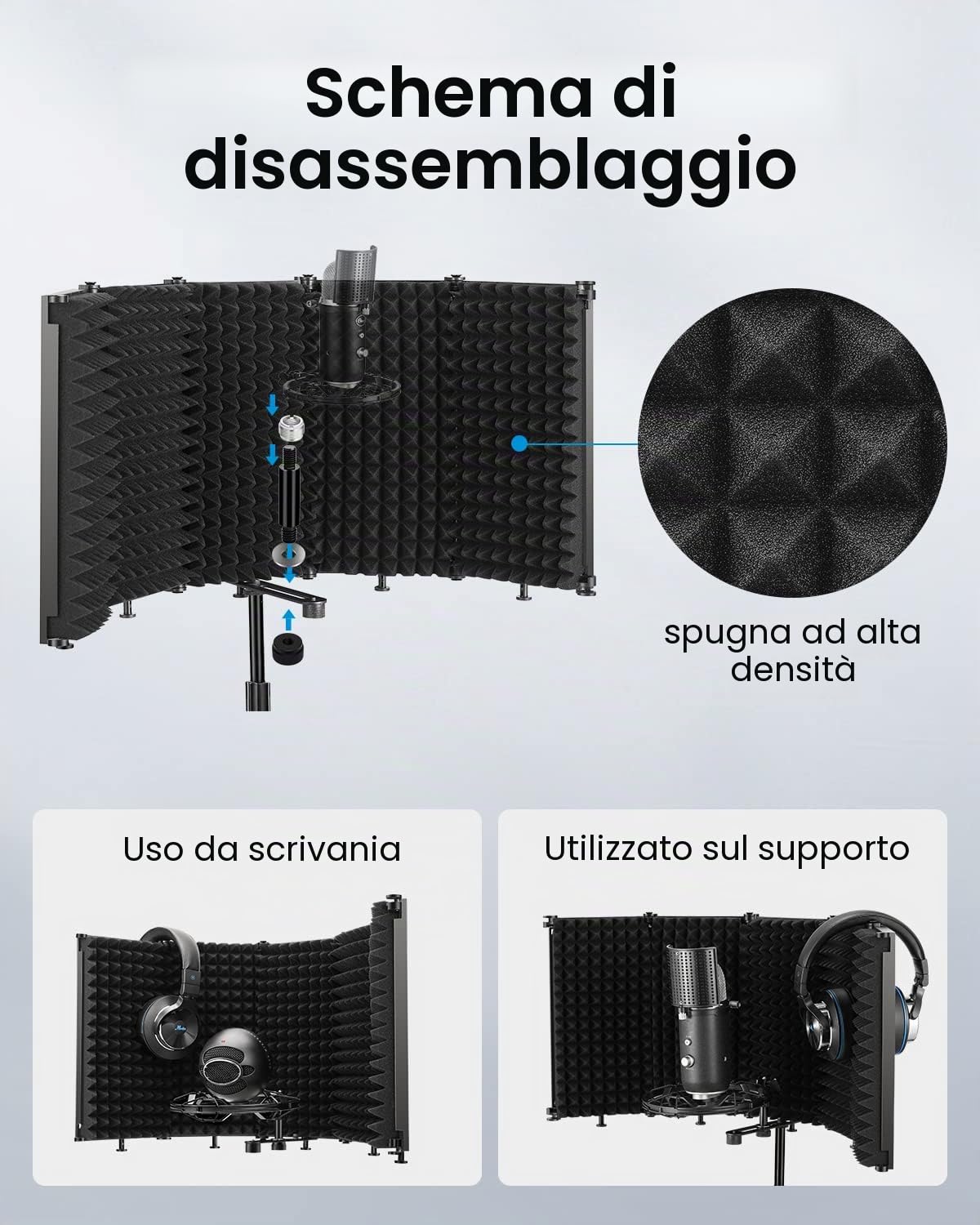 Moukey Scudo di Isolamento per Microfono Pieghevole, Scudo Insonorizzanti a 5 Pannelli Fonoassorbenti con Adattatore per Microfono da 3/8" a 5/8", per Studio di Registrazione, Podcast, Canto