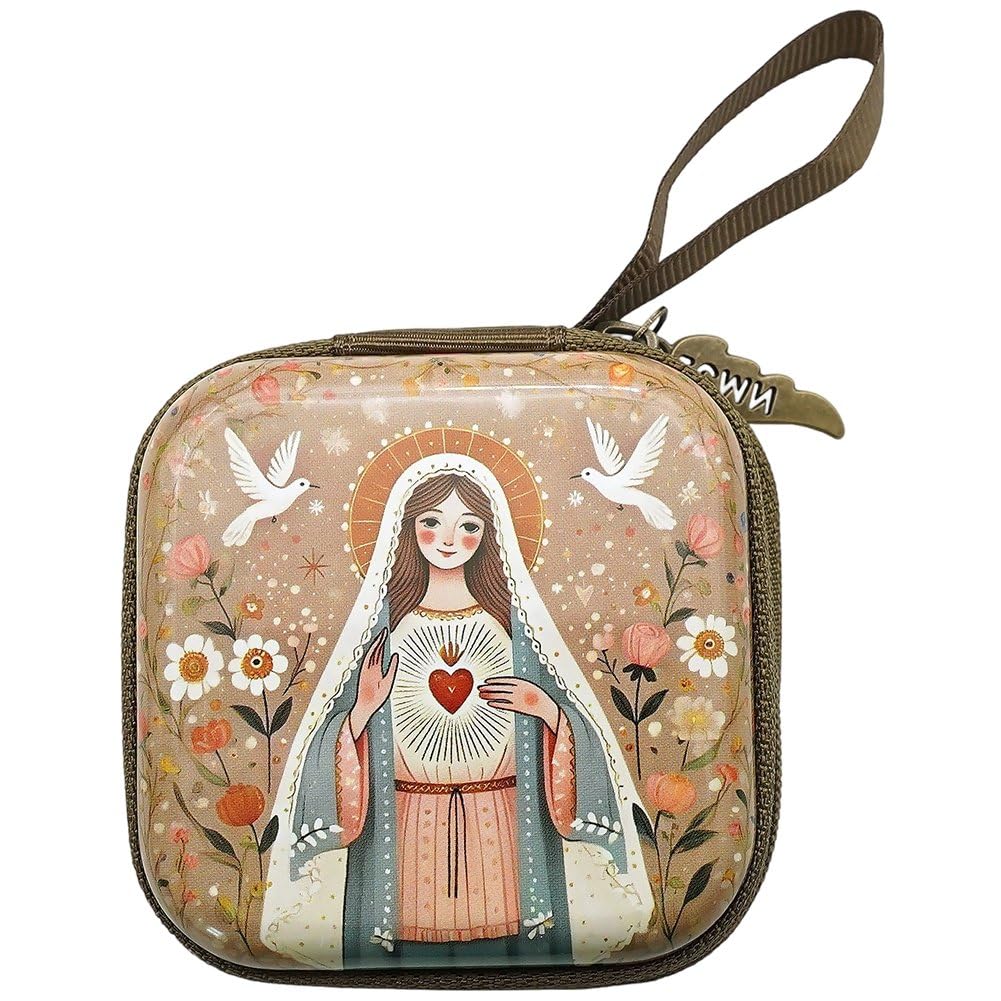 Uzztfa Catholic Rosary Bag, Virgin Mary Jesus Prayer Rosary Bag Zipper Pocket Small Rosary Holder Religious Jewellery Bag Rosary Keepsake Bag