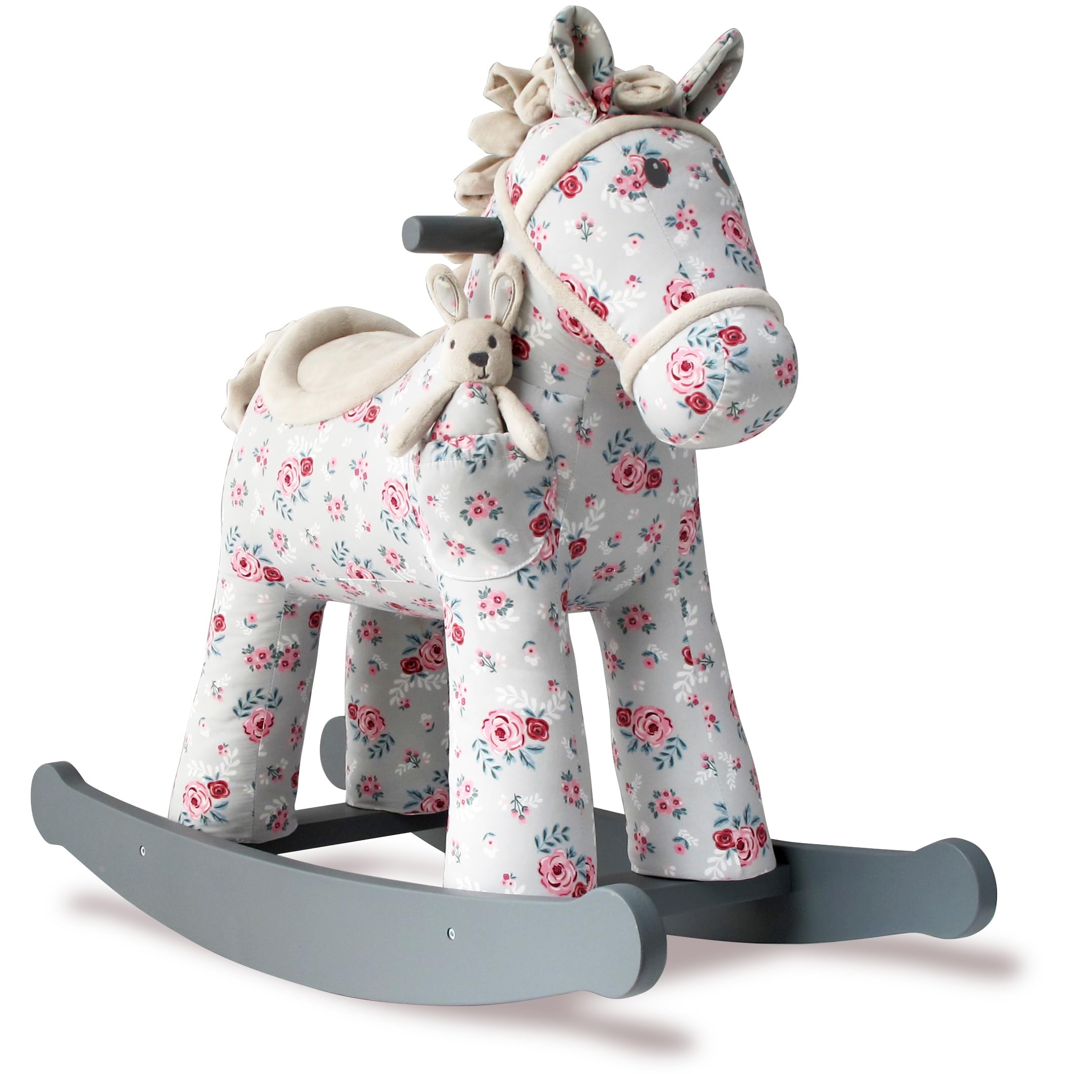 Little Bird Told Me - Lily & Rose Rocking Horse for Toddler 12+ Months Unisex - Grey & Pink Floral Printed Fabric, Solid Wooden Frame & Rockers, Removable Plush Toy - British Brand Since 2007