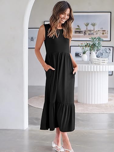 Miniatura 6 de ANRABESS Vestido de verano para mujer, casual, sin mangas, cuello redondo, acampanado, con escalonado, maxi vestido largo de playa, trajes