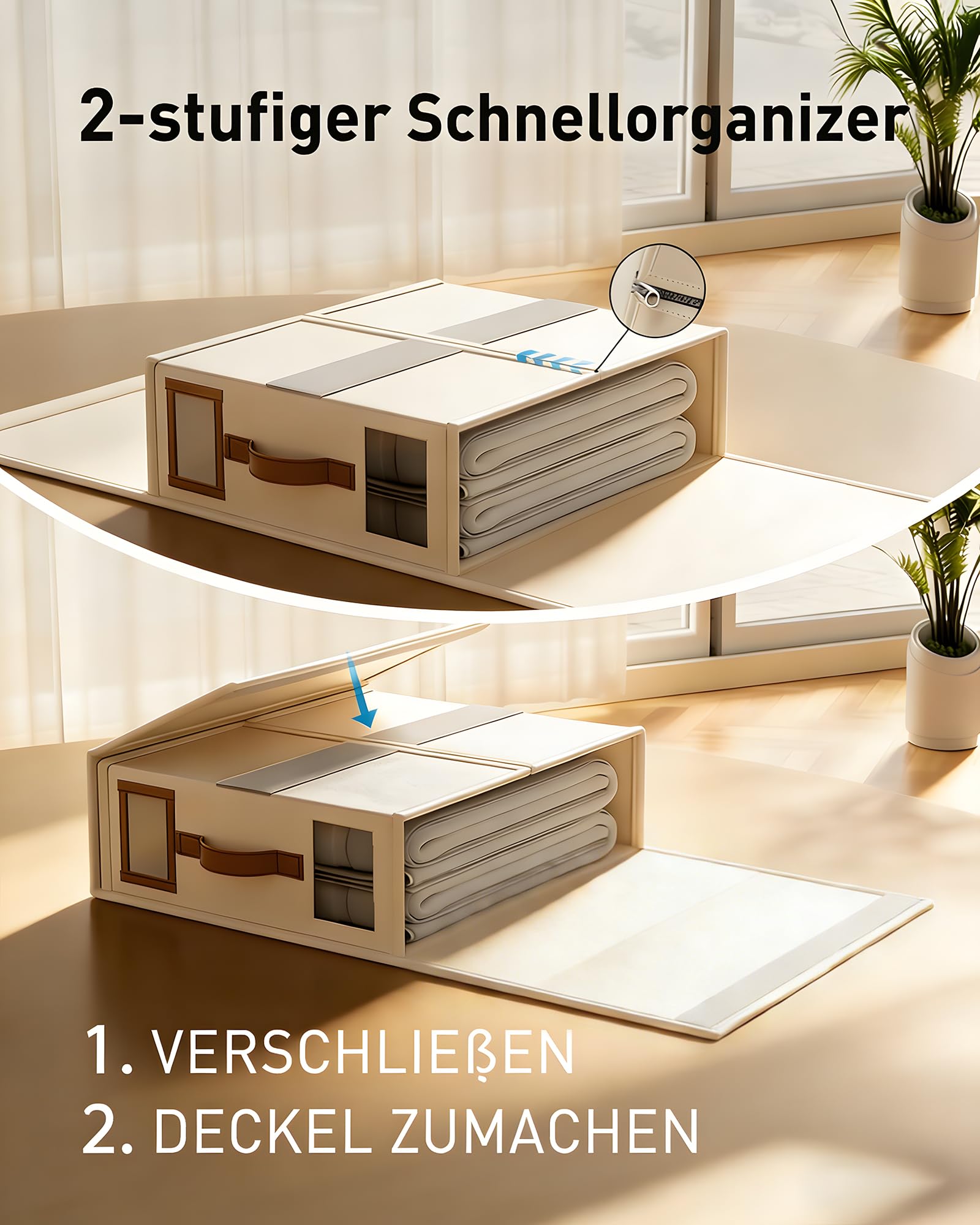 SwartLife 3er Set Bettwäsche Organizer Box - Premium Leinen-Mix Betttuch Aufbewahrung für King Size Bettlaken & Decken - Faltbare Schrank Ordnungssystem mit Sichtfenster & Etikett - Cremeweiß