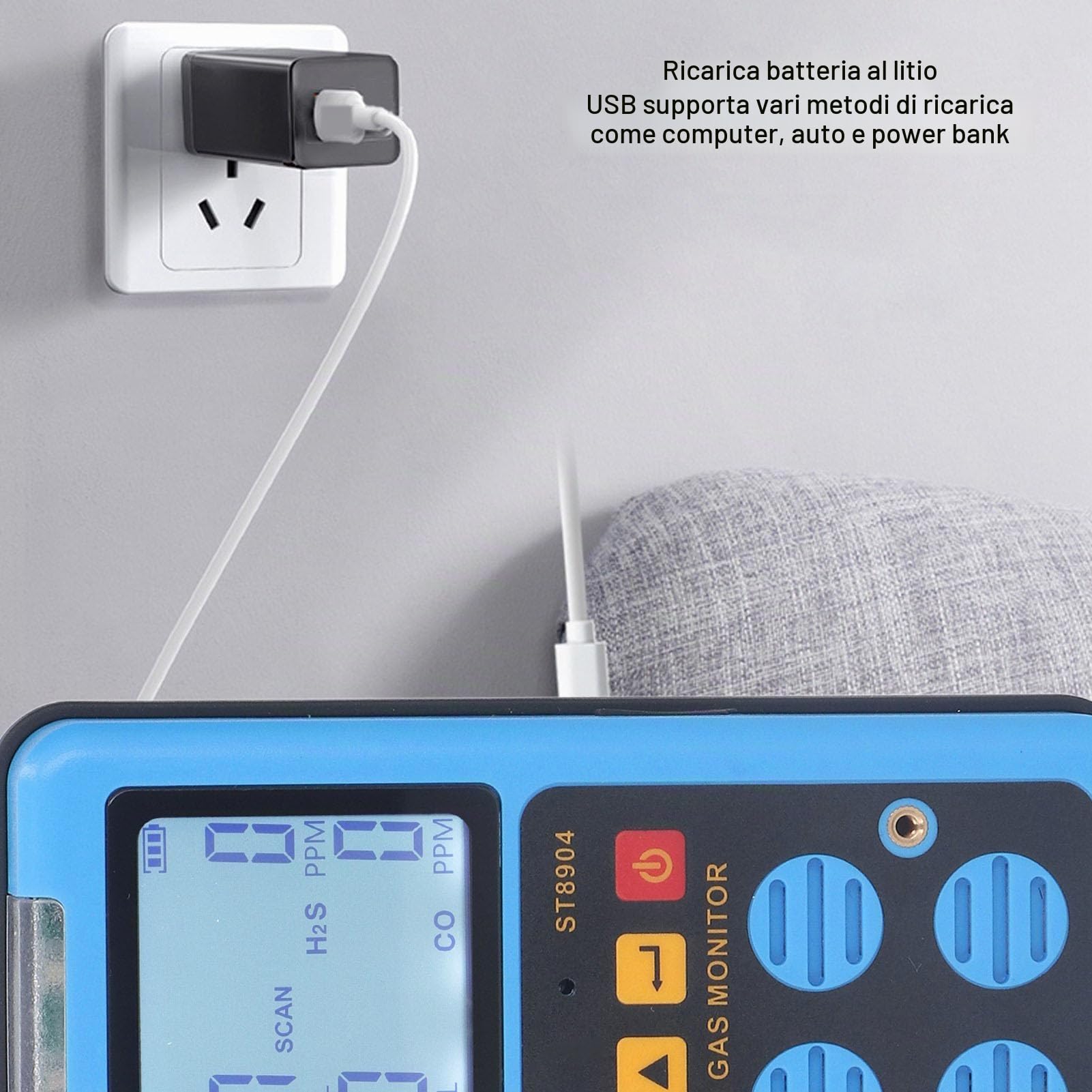 Rilevatore Gas Professionale 4-in-1 Ricaricabile USB, Sensore Alta Precisione CO H2S O2 LEL con Display LCD e Allarme Sonoro per Sicurezza Industriale