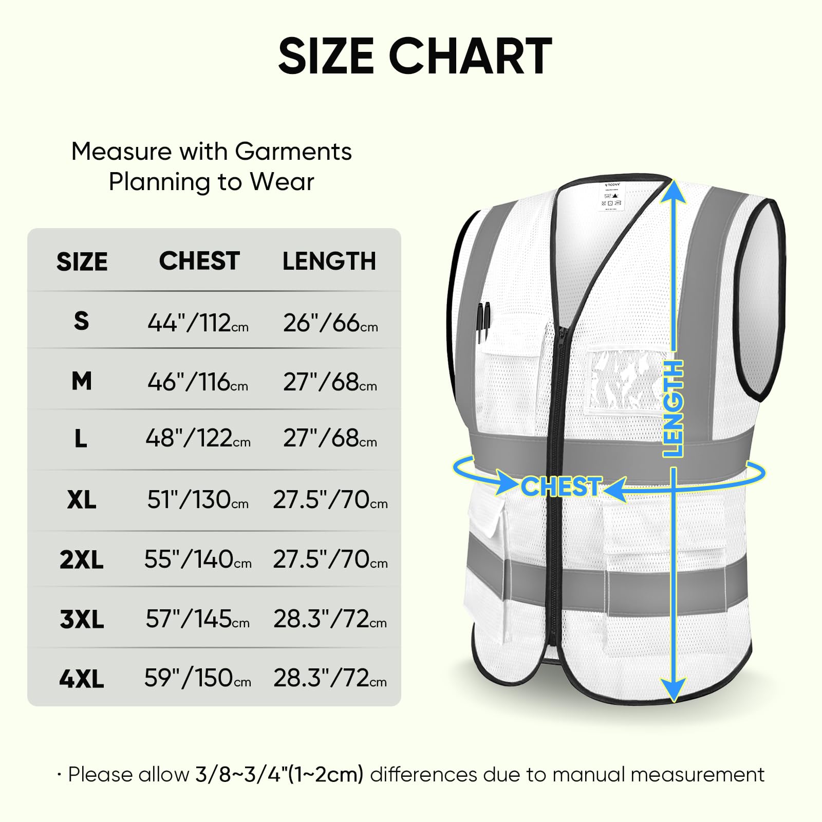 TICONN Lot de 2 gilets de sécurité réfléchissants (blanc, M, blanc), taille M, blanc, M