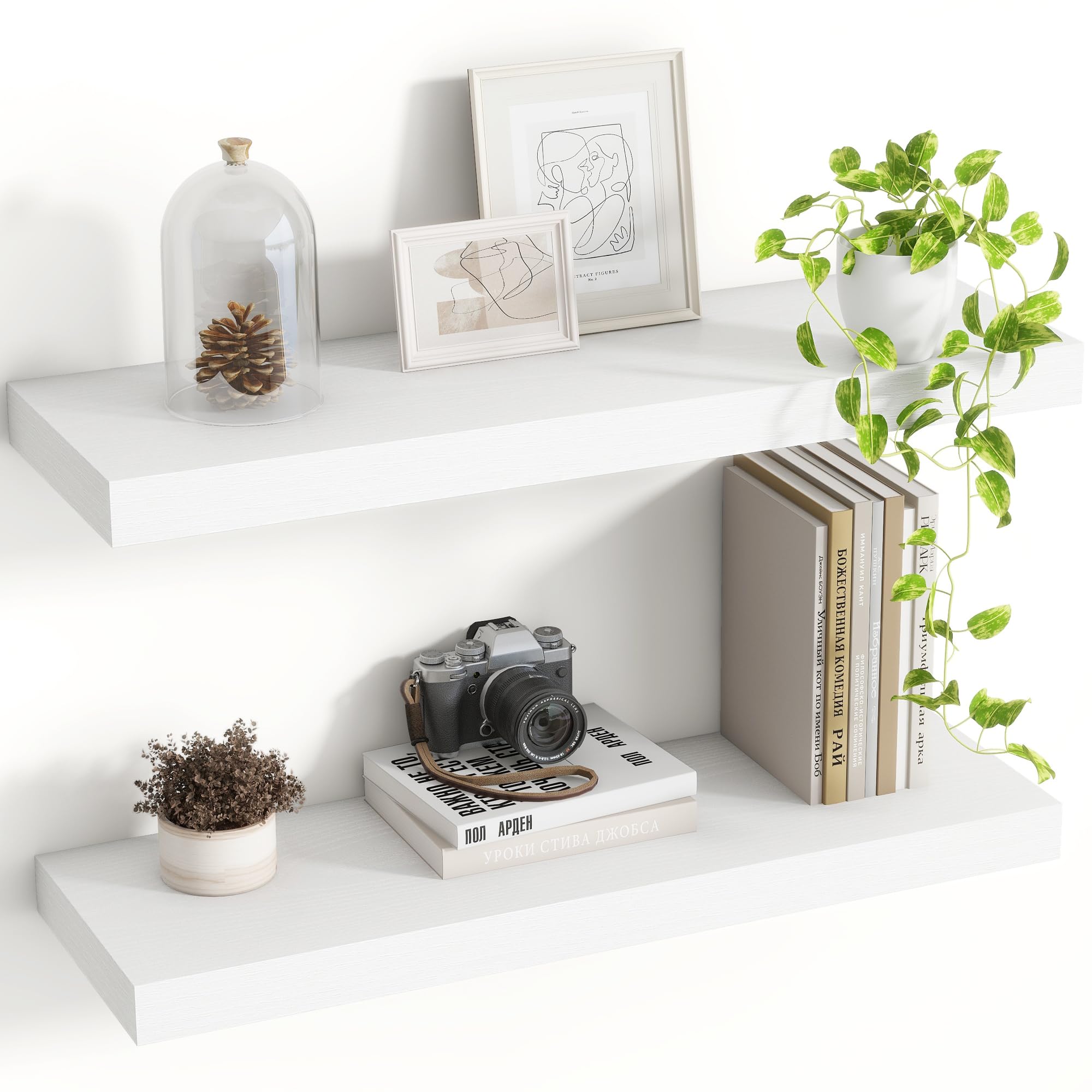 Acovy Floating Shelves for Wall, Extra Deep 60cm Long Wooden Wall Mounted Shelf, Wall Shelves for Living Room Bathroom Bedroom Kitchen, White, Set of 2 — image 1