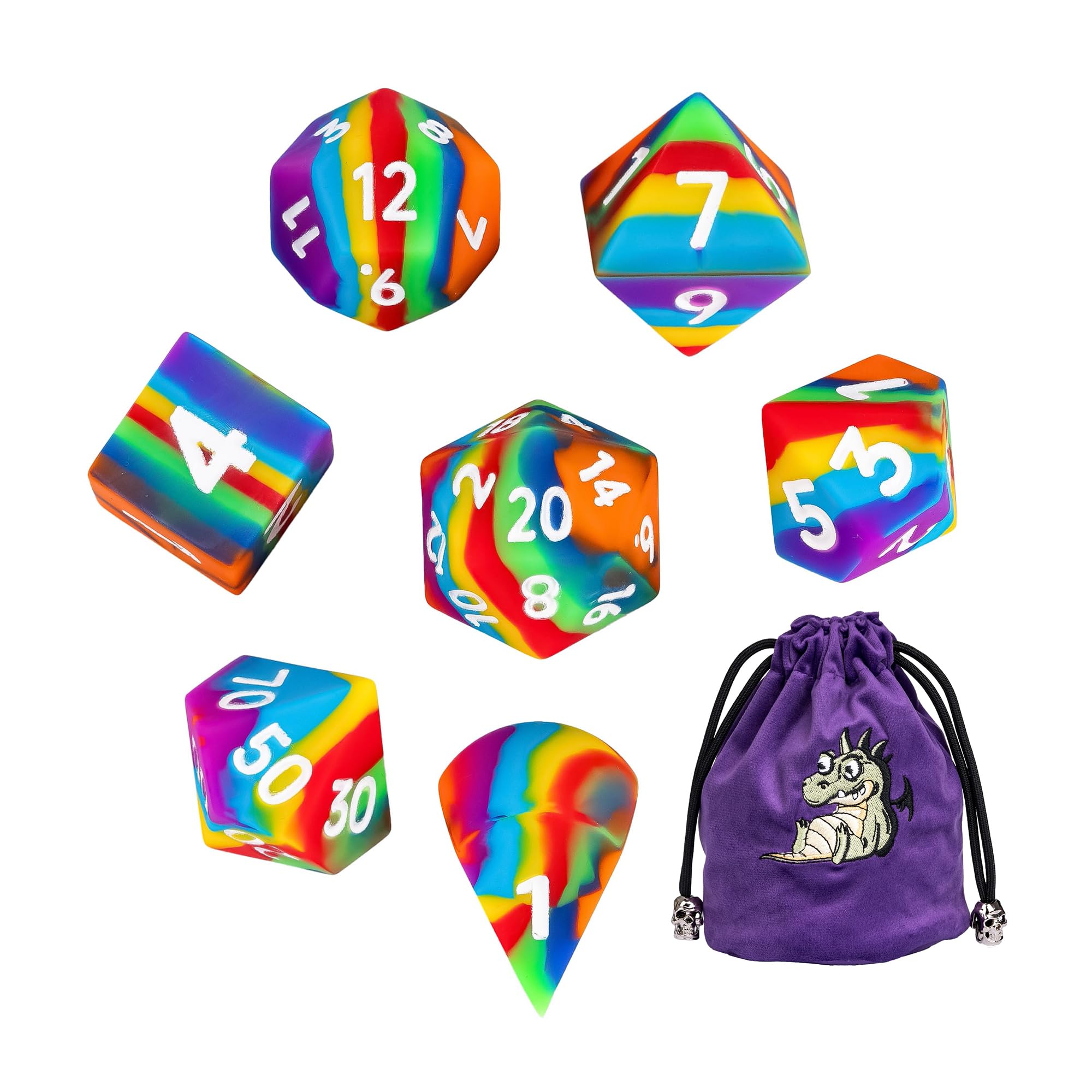 IUSTIDIE 7-Piece Jumbo Silicone DND Dice Set, 25mm Oversized Dice D&D Dice, Round Edges Soft Perfect Bouncer for D&D RPG Bar Pub Club Classroom Party Games(Rainbow w/White Numbers)