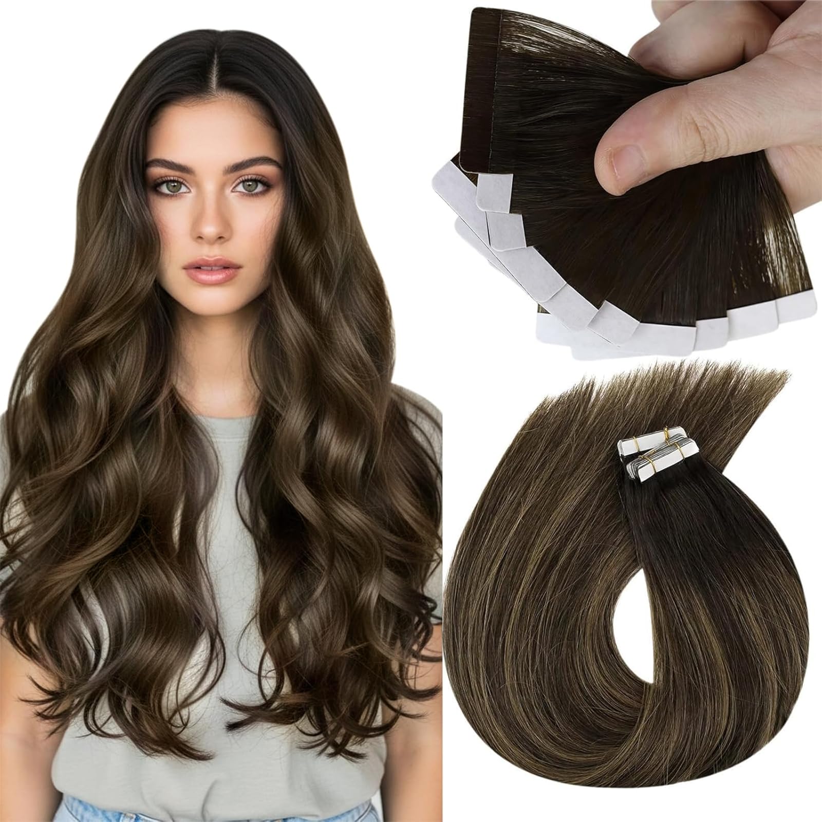 Sunny Hair Tape in Hair Extensions Real Human Hair Invisible Remy Hair Extensions Tape ins for Women Darkest Brown Ombre Medium Brown Balayage 18 inch