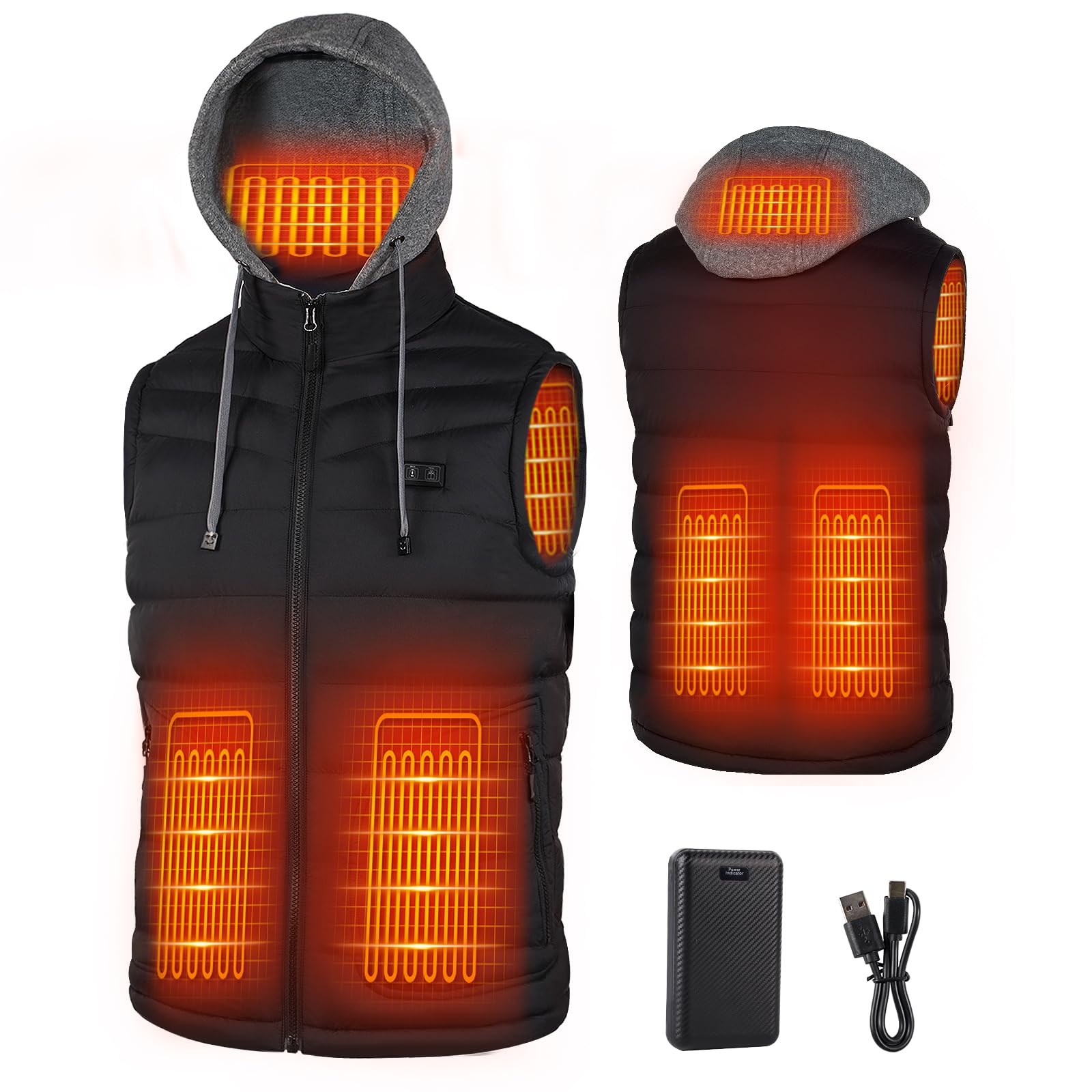 Mincoo Gilet Riscaldato Uomo: Gilet Riscaldante con Batteria 16000mAh -Giubbotto Riscaldante con Cappello Staccabile - per Escursionismo all'aperto Caccia