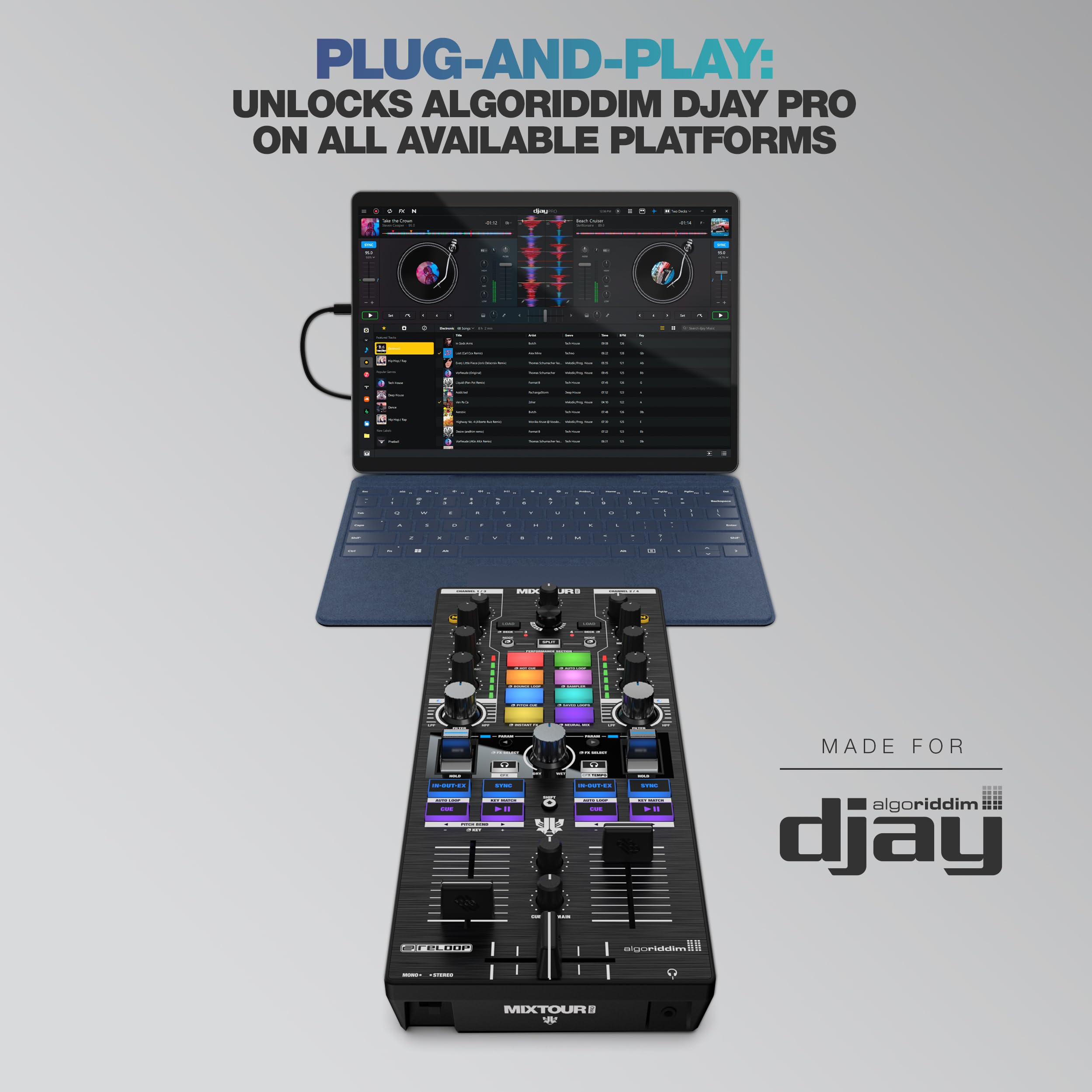 Reloop Mixtour Pro - Contrôleur DJ tout-en-un ultra-portable de haute qualité à 4 platines avec interface audio