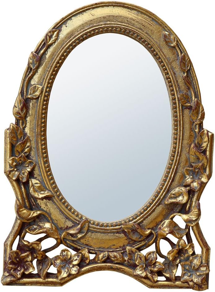 Rococo Floral Antique Style Gold Oval Decorative Table or Wall Mirror