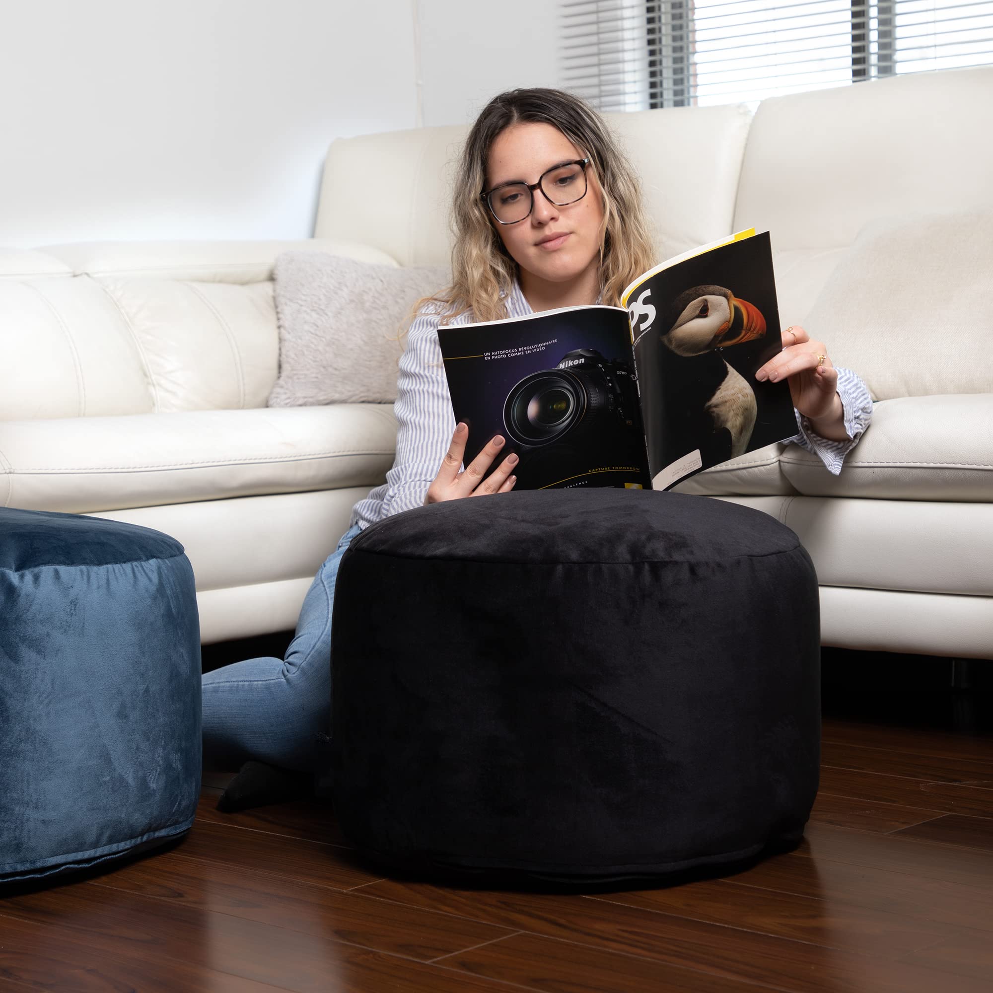 Gouchee Home Belgique Round Velvet Pouf, Foot Stool, Stuffed Ottoman Bean Bag Chair - Black - Plush, Stylish, Lightweight, and Comfortable Furniture Accessory for Living Room and Bedroom - 20