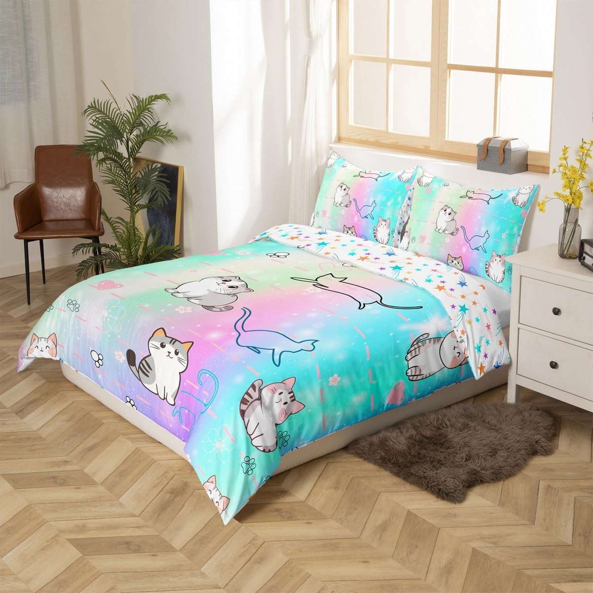 Erosebridal Cartoon Cat Duvet Cover for Kids Boys Girls,Glitter Galaxy Stars Bedding Set Toddler,Ombre Kitten Bed Sets,Pets Quilt Cover with 1 Pillowcase Microfiber