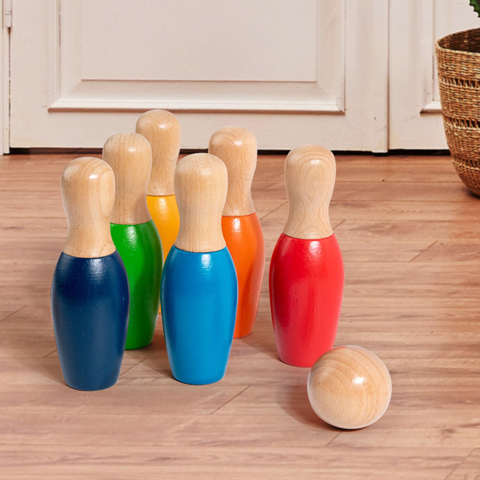 Set de Bolos de Madera para niños, Bolos y Bolas Coloridos