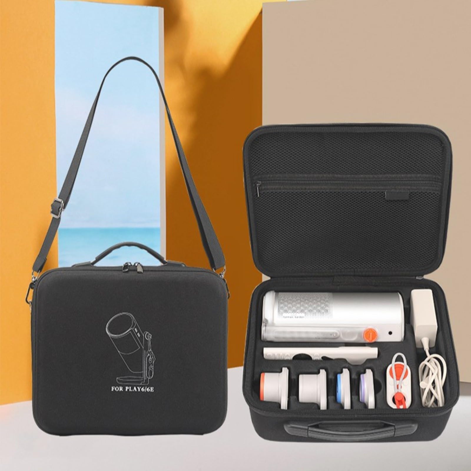 Bolsa de almacenamiento para proyector, carcasa rígida impermeable con múltiples compartimentos para PLAY6 y 6E, diseño de EVA negra y tela