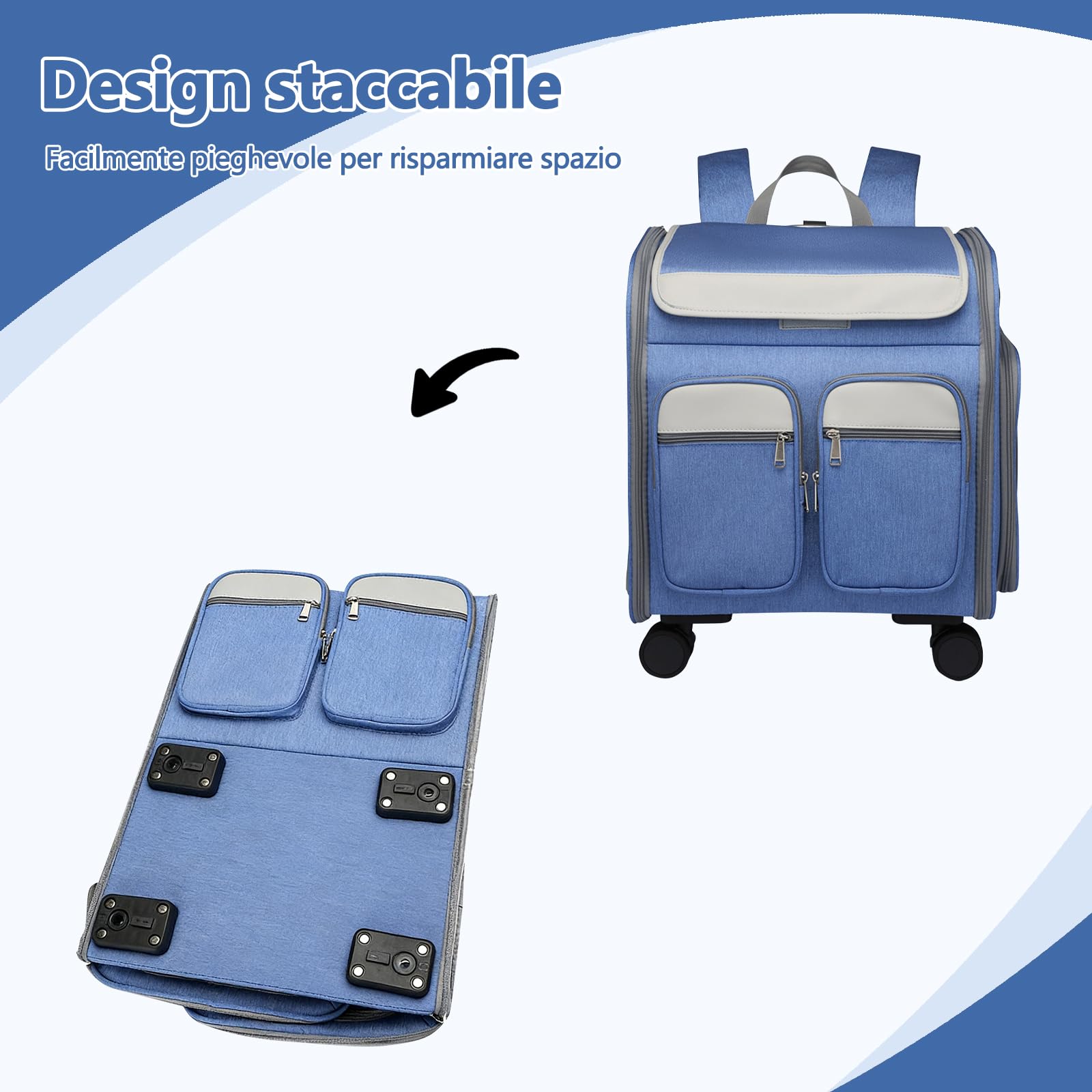 Galatée Zaino Per Cani Con Ruote Removibili, Borsa Da Viaggio Per Cani Approvata Dalle Compagnie Aeree, Passeggino Pieghevole Per Animali Domestici Con Finestre Di Ventilazione In Rete(Grigio)