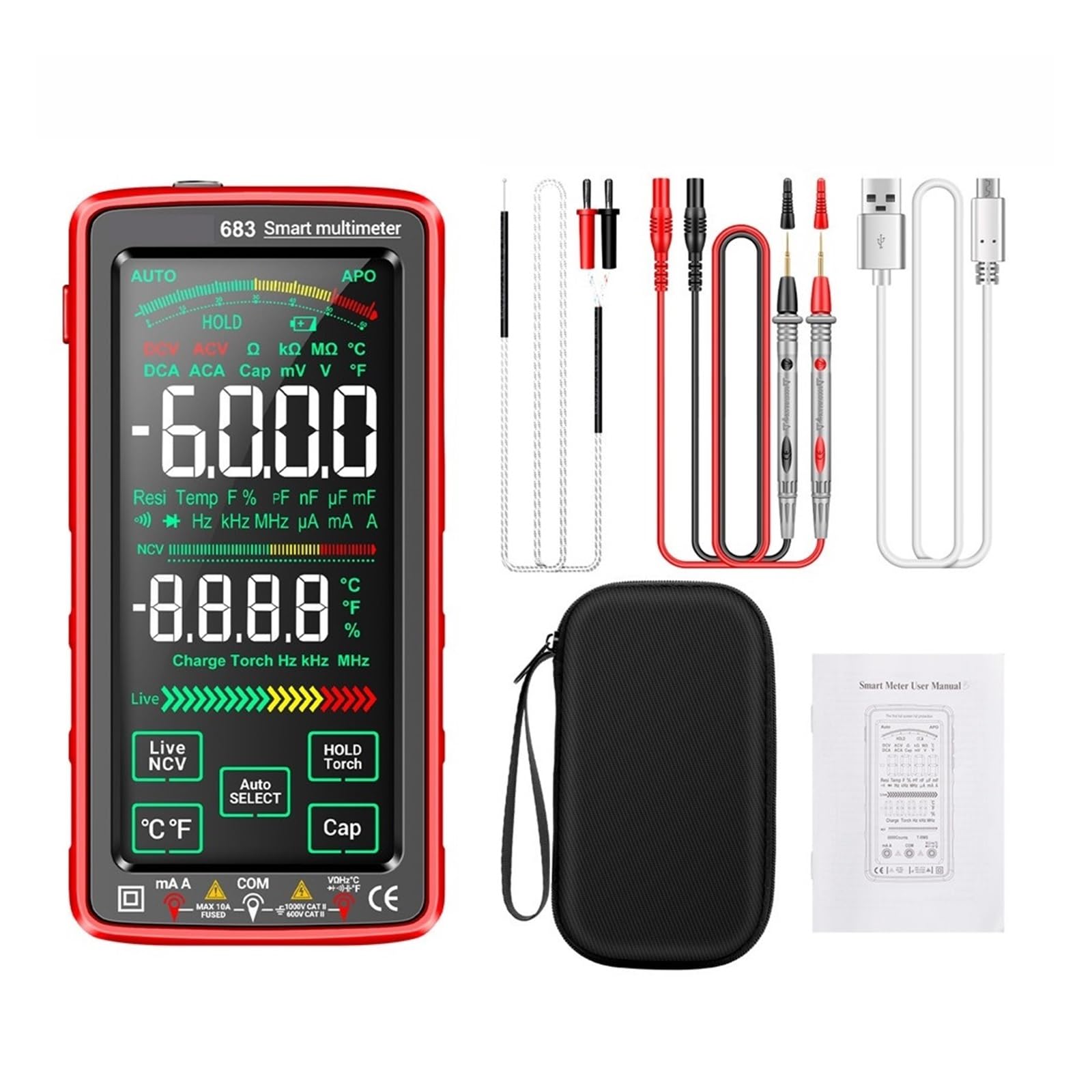 LIBODD Smart Digital Multimeter Rechargeable Capacitance Meter Ohm Diode Tester 6000 Counts AC/DC Measuring Tools(683 Red)