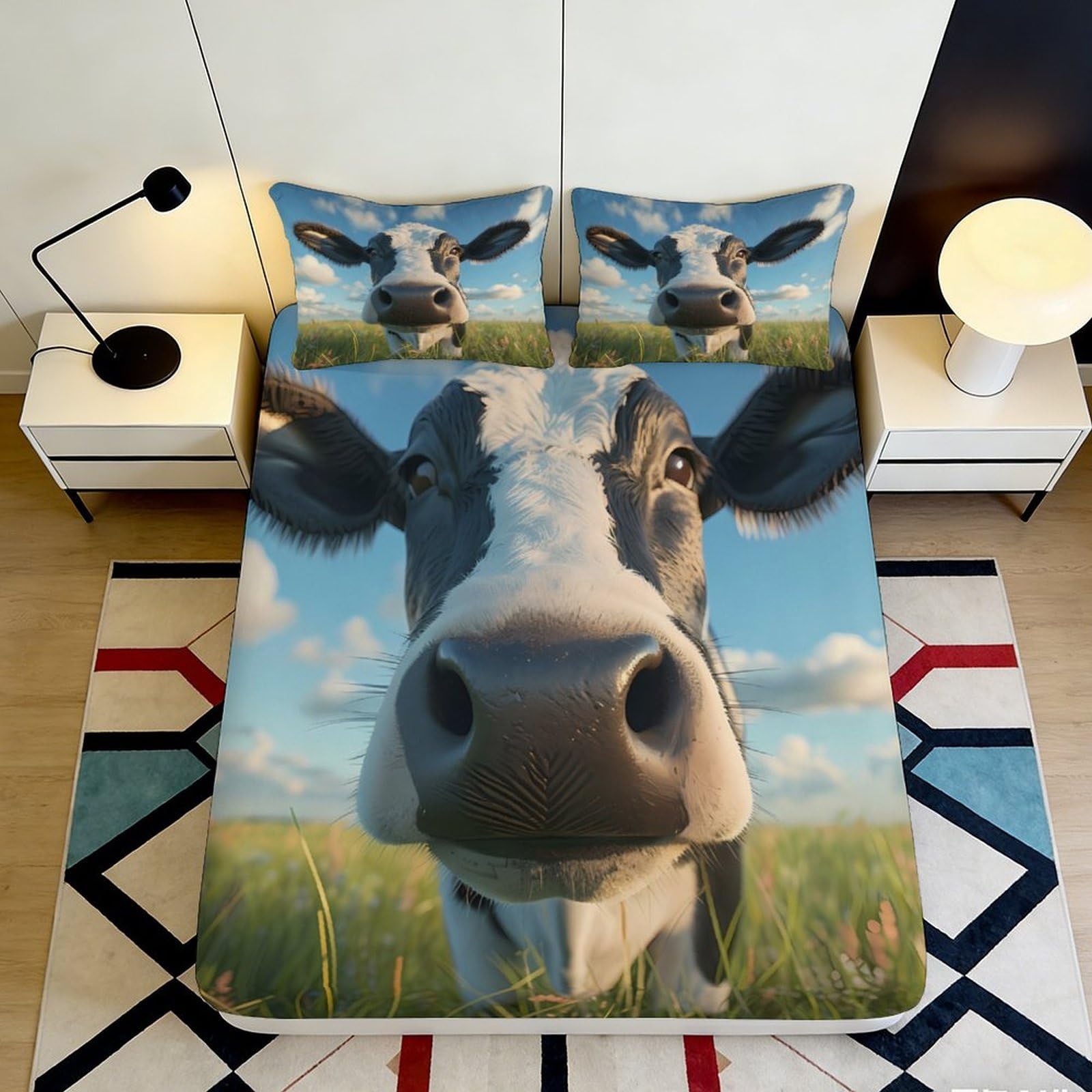 Pnayamiorkfel Style-4 3D Printed Cow Close-Up Fitted Sheet Microfiber Soft Anti-Slip Bed Cover Pasture Decor For Bedroom Guest Room 90X200x25cm