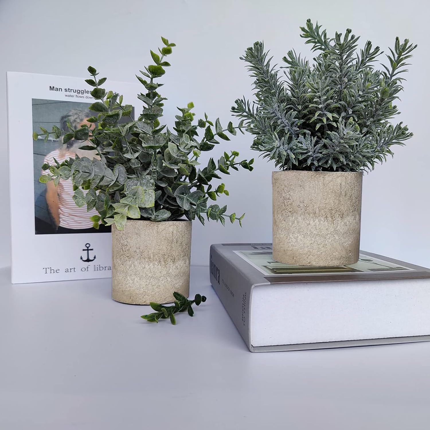 VREAONE 3 Pack Mini Potted Fake Plants Artificial Plastic Eucalyptus Plants for Home Office Desk Room Decoration (3 Pack)