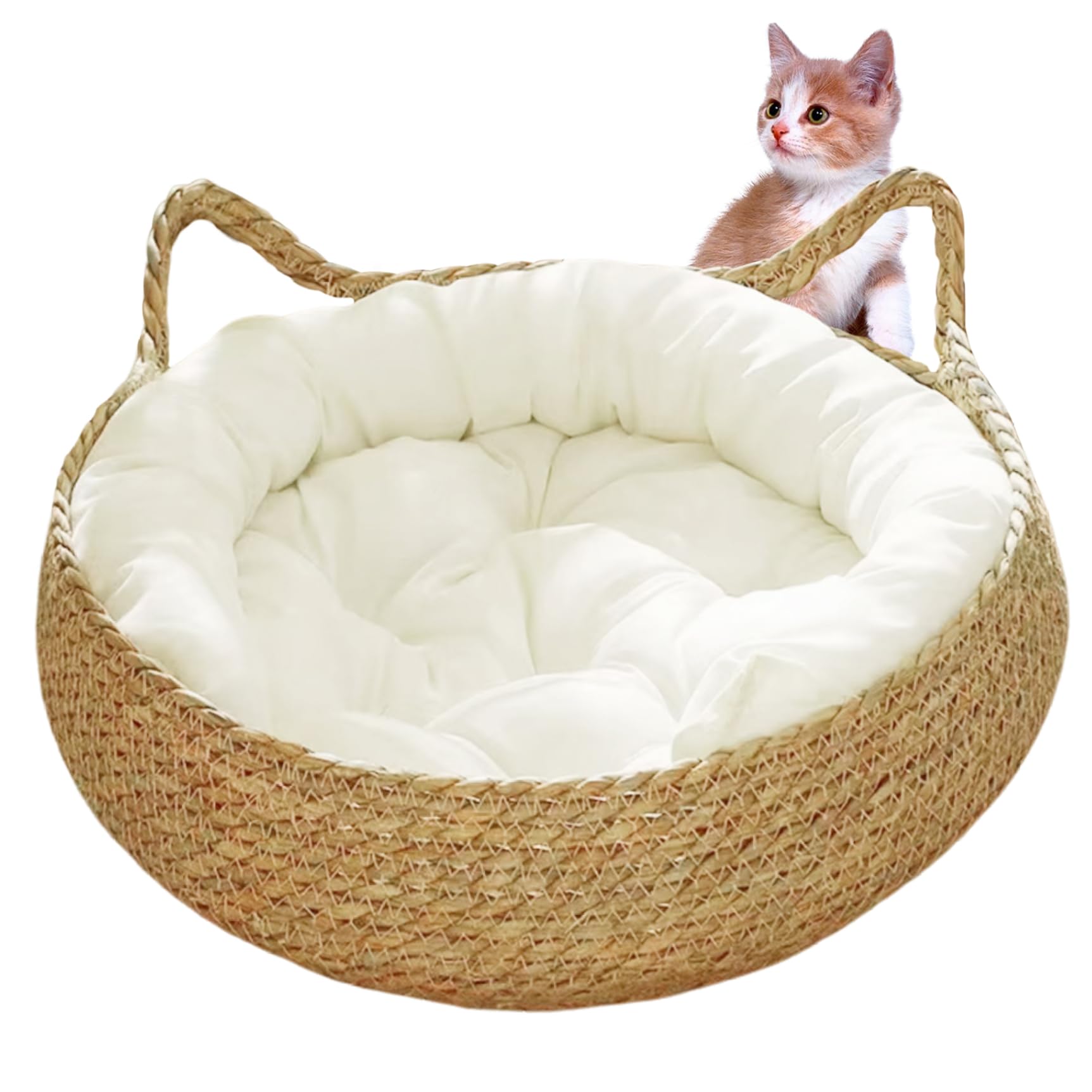 Panier rond en osier, 38,1 cm, en paille tissée avec coussin doux, forme d'oreille de chat pour chats de petite et moyenne taille