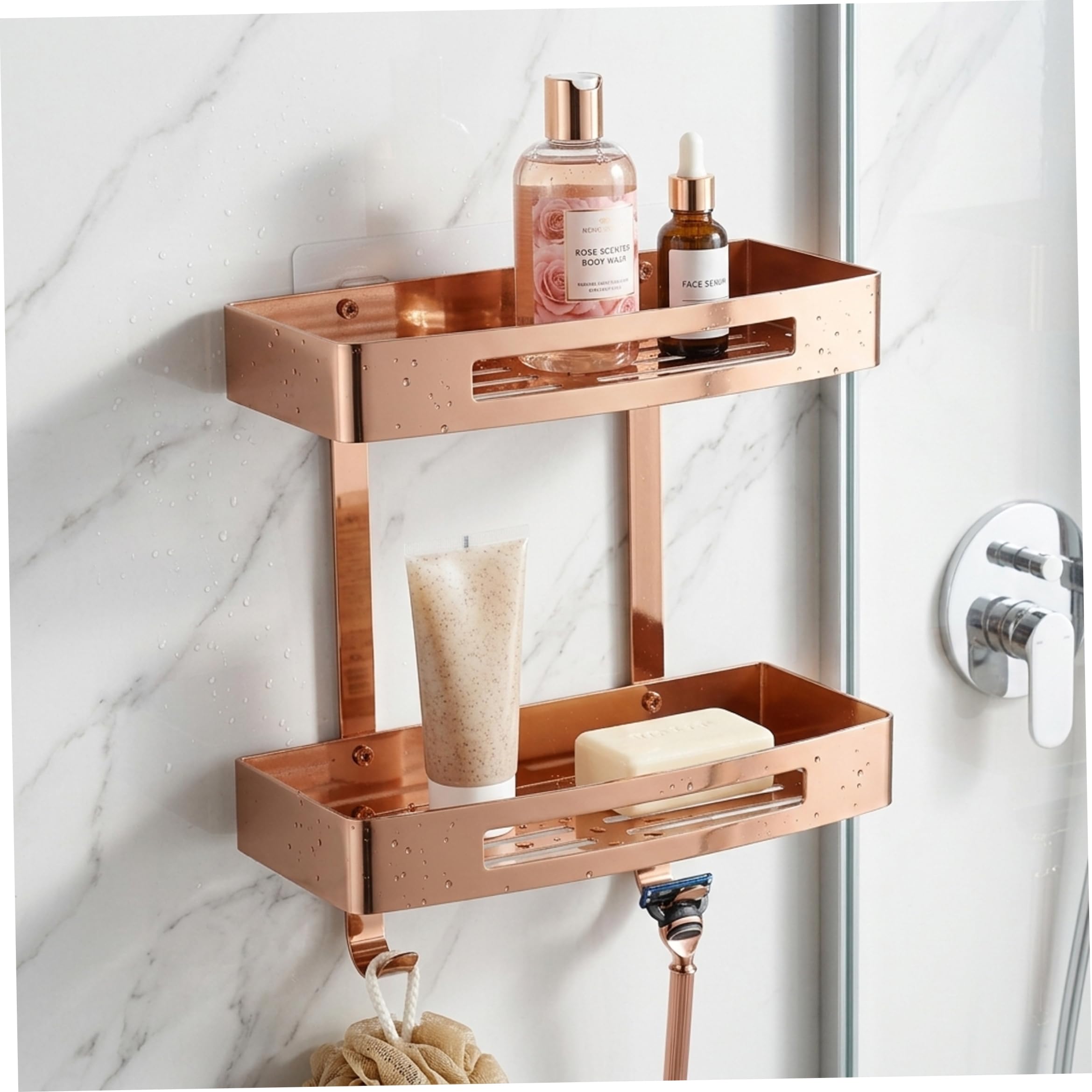 Estante esquinero para baño, carrito de ducha de doble nivel, organizador de pared adhesivo de acero inoxidable 304 con ganchos, oro rosa sin taladro