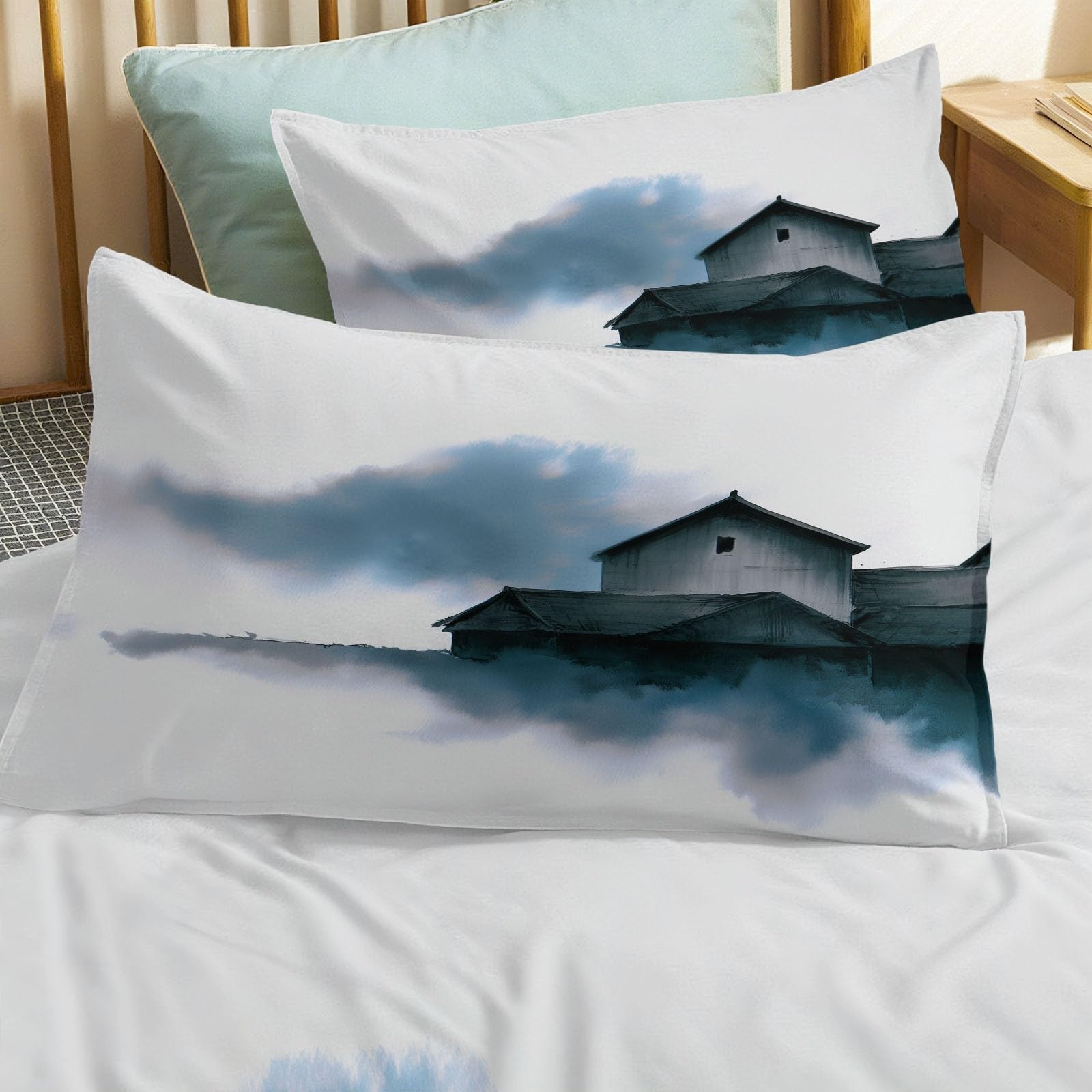 Pościel 200 x 220 cm, chińskie malarstwo tuszem, stare miasto, komplet pościeli 3-częściowej, super miękka pościel z mikrofibry i 2 poszewki na poduszkę 80 x 80 cm, biała