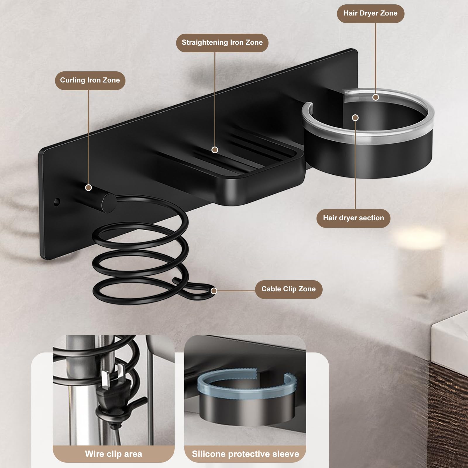Supporto per Asciugacapelli da Parete con Doppia Installazione – Porta Phon in Alluminio Spaziale Senza Trapano o con Viti, con Fessura per Cavi, Design Nero, 30 × 8 cm