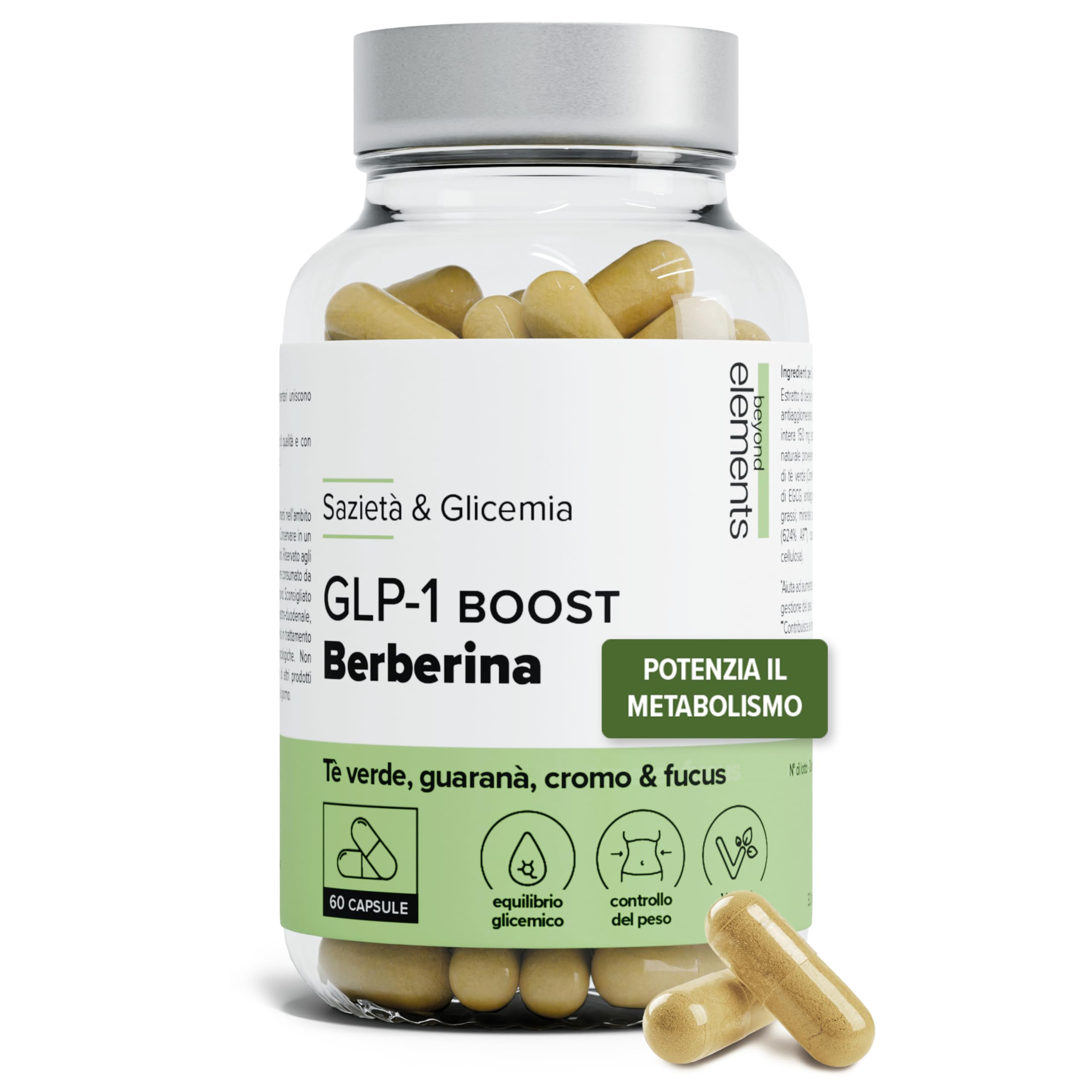 GLP-1 Boost – Con Berberina – Cromo 250 µg – Tè Verde, Fucus & Guaranà – Sazietà & Glicemia – Metabolismo – 100% Vegano – 60 capsule – Prodotto in Francia – Beyond Elements