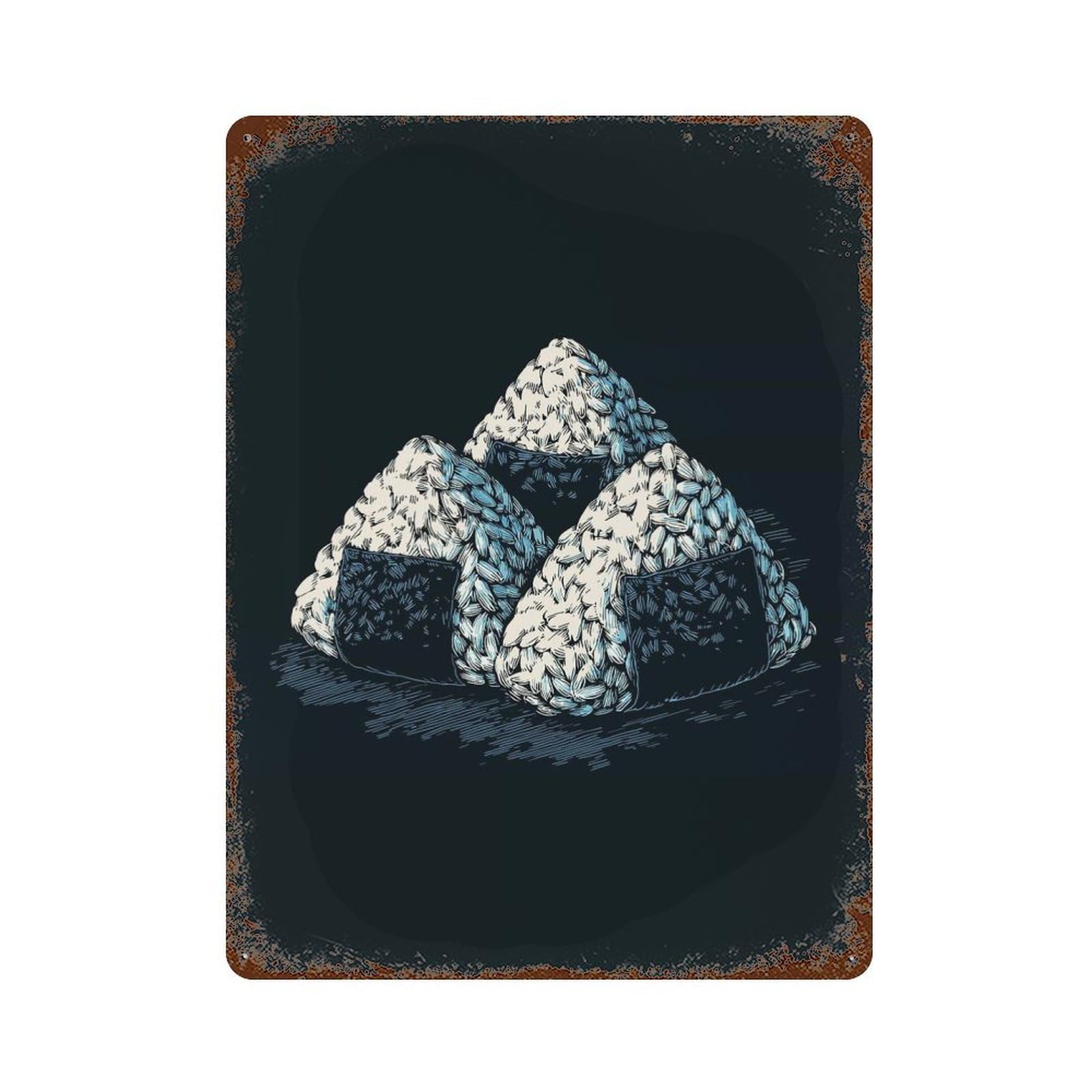 Three Onigiri Illustration on Dark Background Rust Effect Tin Sign 15.7"x11.8", Industrial Home Decor for Garage, Bar And Workshop Decor
