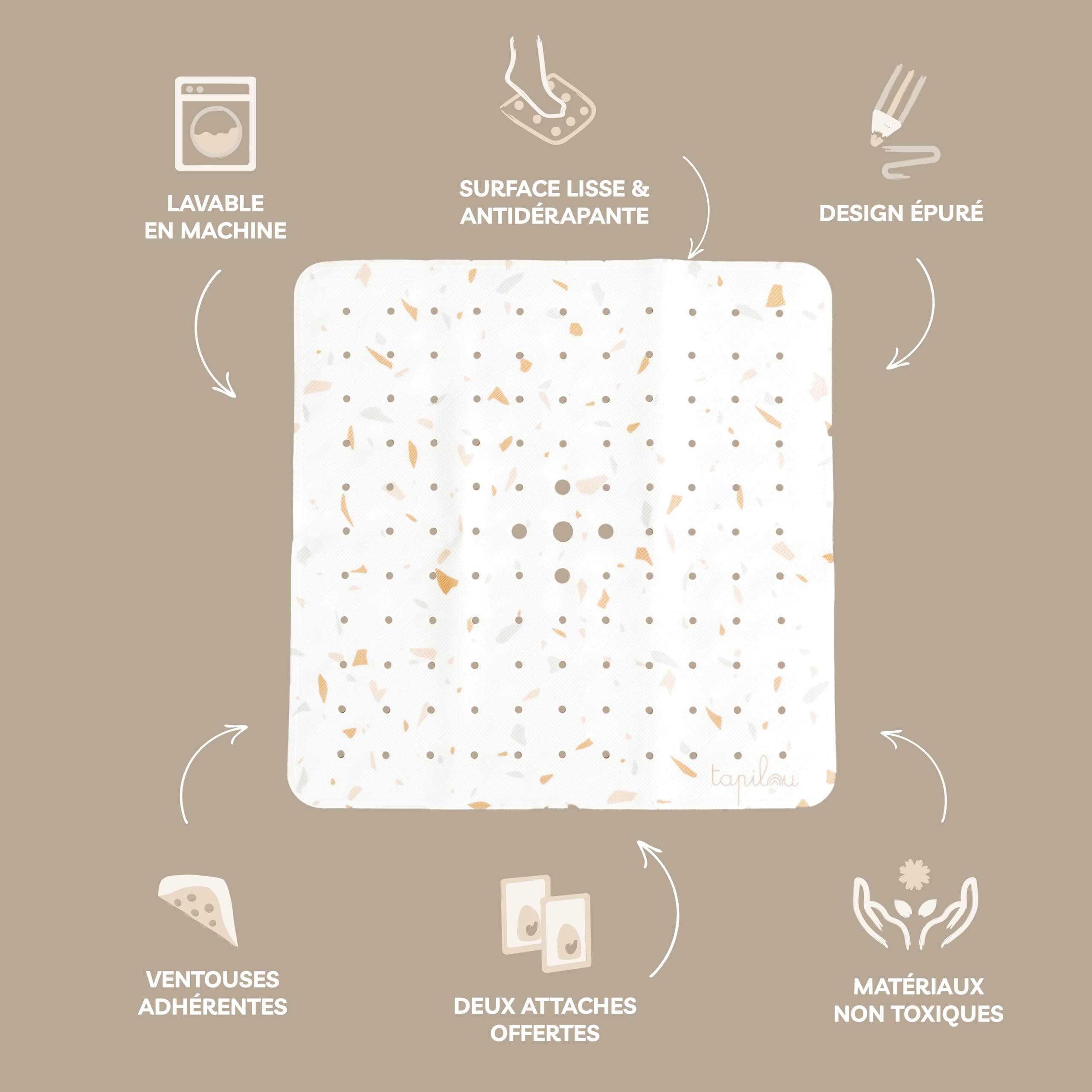 Tapis de Douche Bébé Antidérapant 53x53 cm Motif Terrazzo sans BPA Lavable en Machine Anti-moisissure avec Ventouses