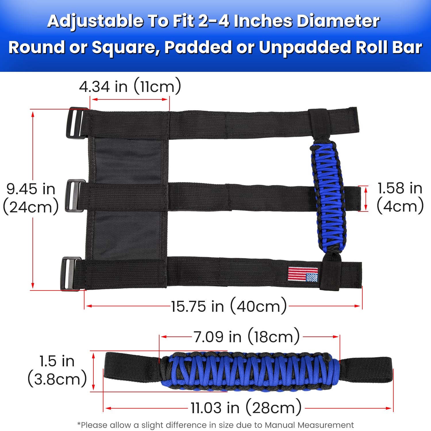 4 maniglie per roll-bar per Jeep Wrangler YJ TJ JK JKU JL JLU Sport Sahara Freedom Rubicon Unlimited X Gladiator JT 1955 – 2024 UTV ATV Premium Paracord accessori interni bandiera americana (blu)