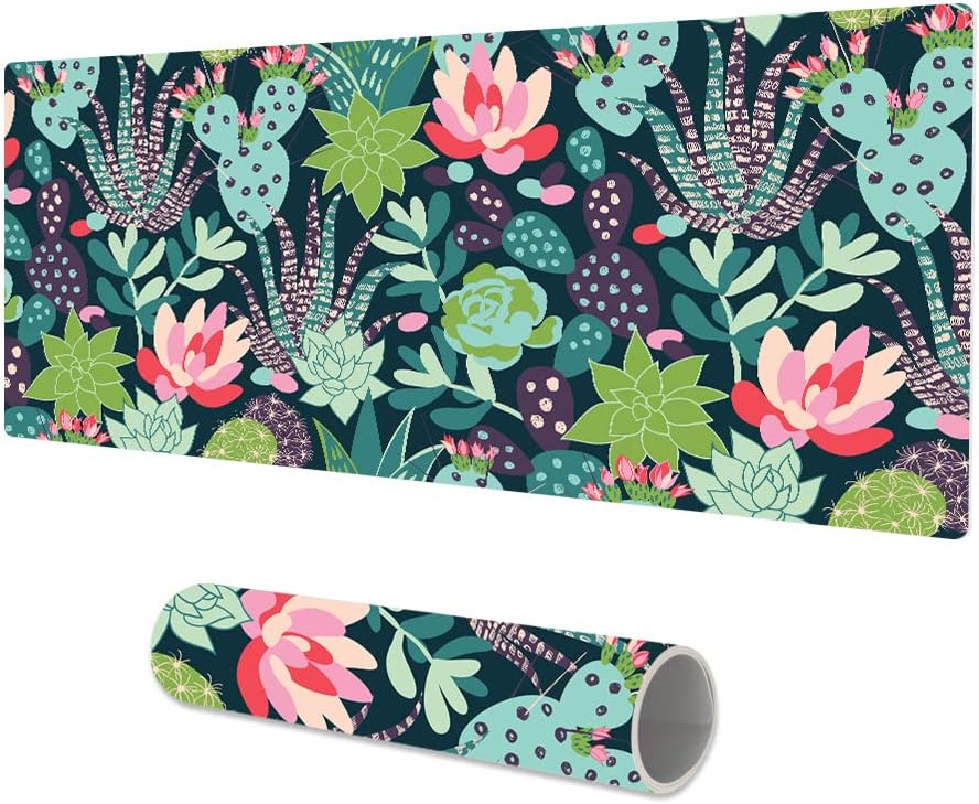 QIYI Large Gaming Mouse Pad, Dual Side PU Leather Desk Mat for Desktop, Waterproof Computer Desk Protector, Non Slip Home & Office Accessories, Extended Size 31.5" x 15.7" - Cactus and Flowers
