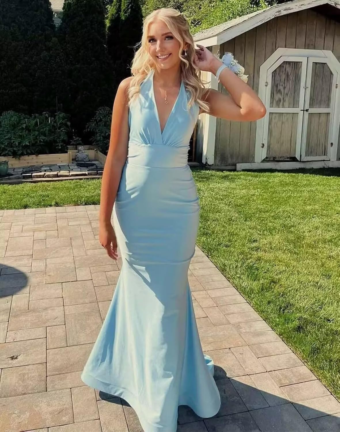 Women's Halter Neck Prom Dress Satin Mermaid Sleeveless Formal Gown with Bow Long Backless Sweep Train Evening Dress