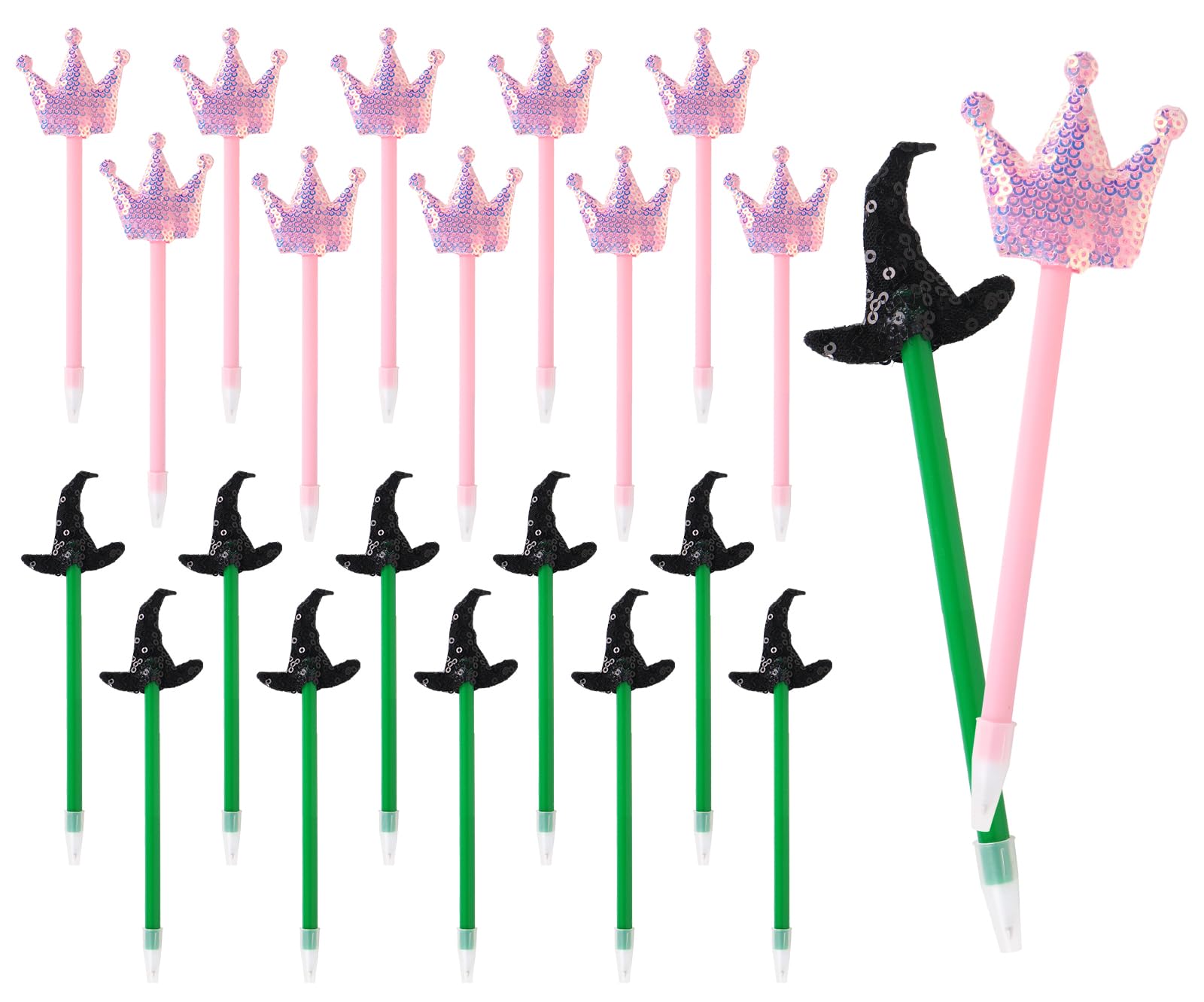 FYSUIMU 20Pcs Halloween Princess and Witch Party Favor 10Pcs Princess Crown Ballpoint and 10Pcs Witch Hat Pen Pink Green Writing Pen for Party Decor