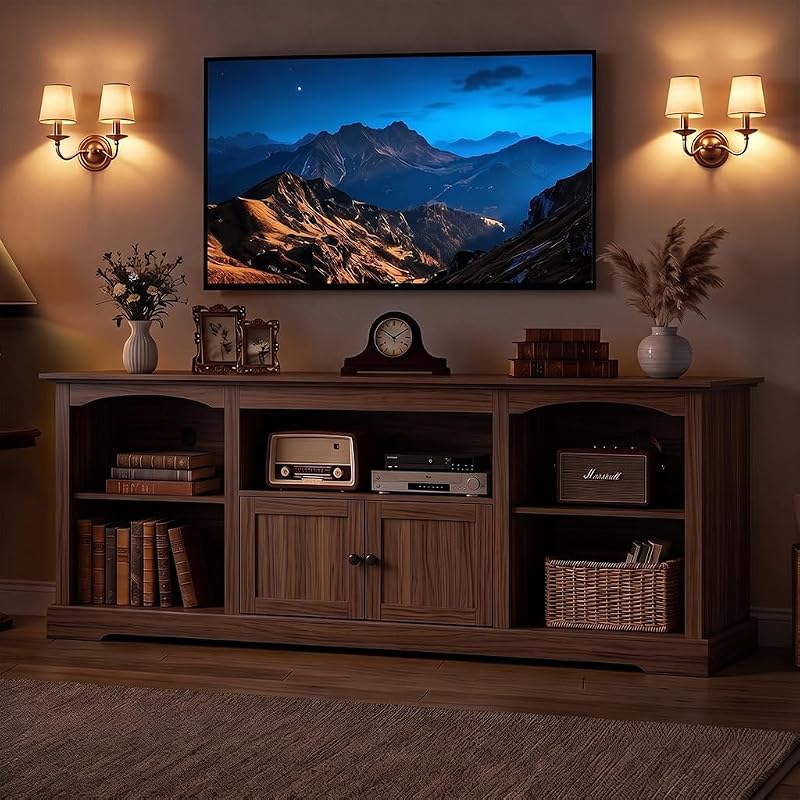 LUCKLIFE 71" TV Stand for TVs up to 80 Inch,Modern Farmhouse Entertainment Center with Arched Cabinet Doors & Open Adjustable Storage Shelves,Media Console Table for Living Room,Walnut image 4