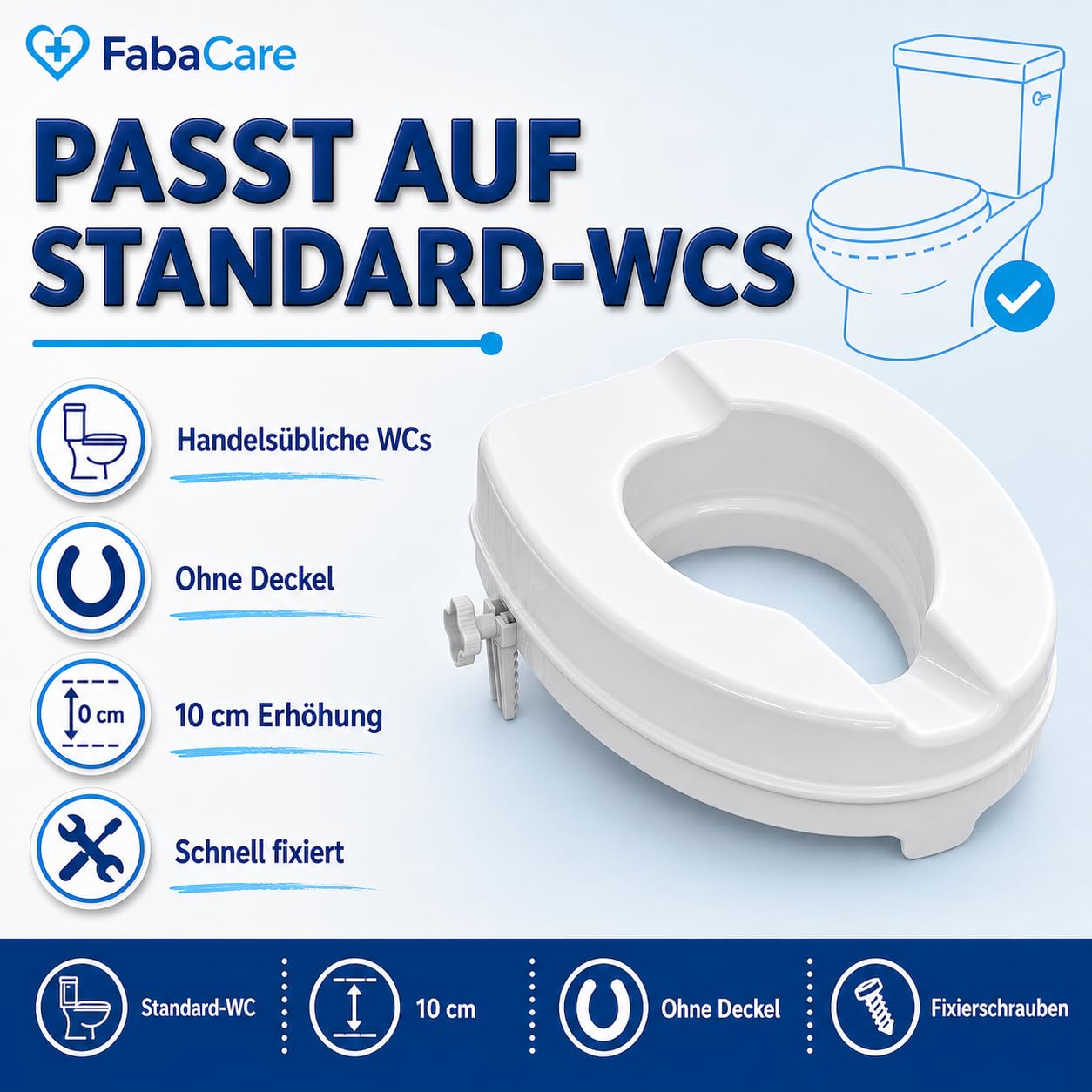 FabaCare Toilettensitzerhöhung Smart 10 cm ohne Deckel, 250 kg belastbar | WC-Erhöhung mit Hygieneausschnitt, Fixierschrauben und rutschsicherem Toilettenaufsatz