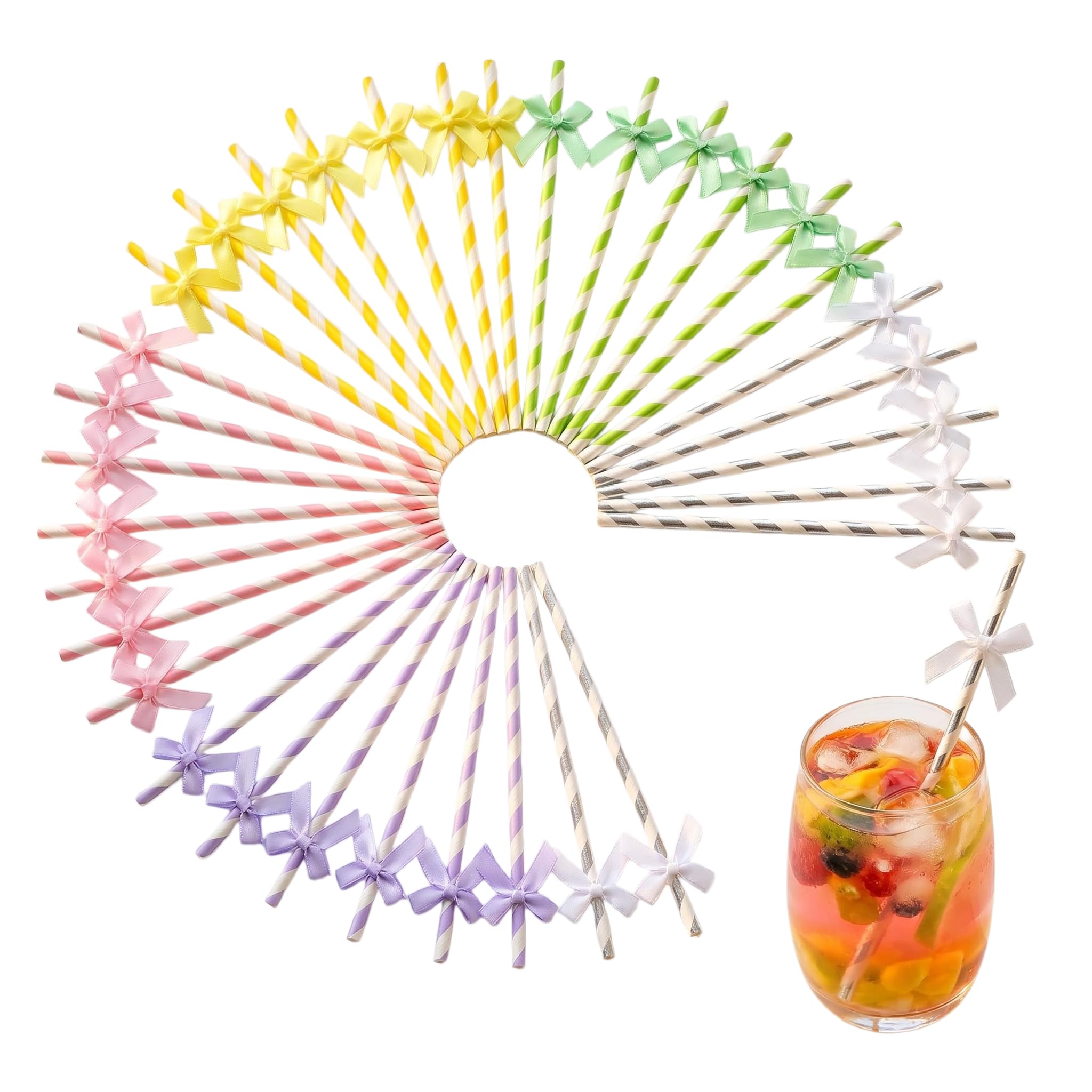 50Pcs Bow Paper Straws 19.7cm Striped Party Straws with Ribbon Bows for Hen Party Decorative Biodegradable Drinking Straws for Cocktails Milkshakes Afternoon Tea Wedding Birthday Baby Shower (AA)