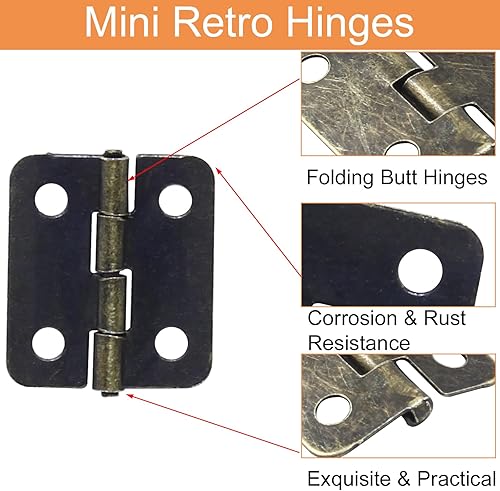 Miniatura 4 de Piutouyar 50 piezas de minibisagras de bronce, bisagras pequeñas rectangulares de bronce antiguo, bisagras decorativas retro, bisagras de caja de
