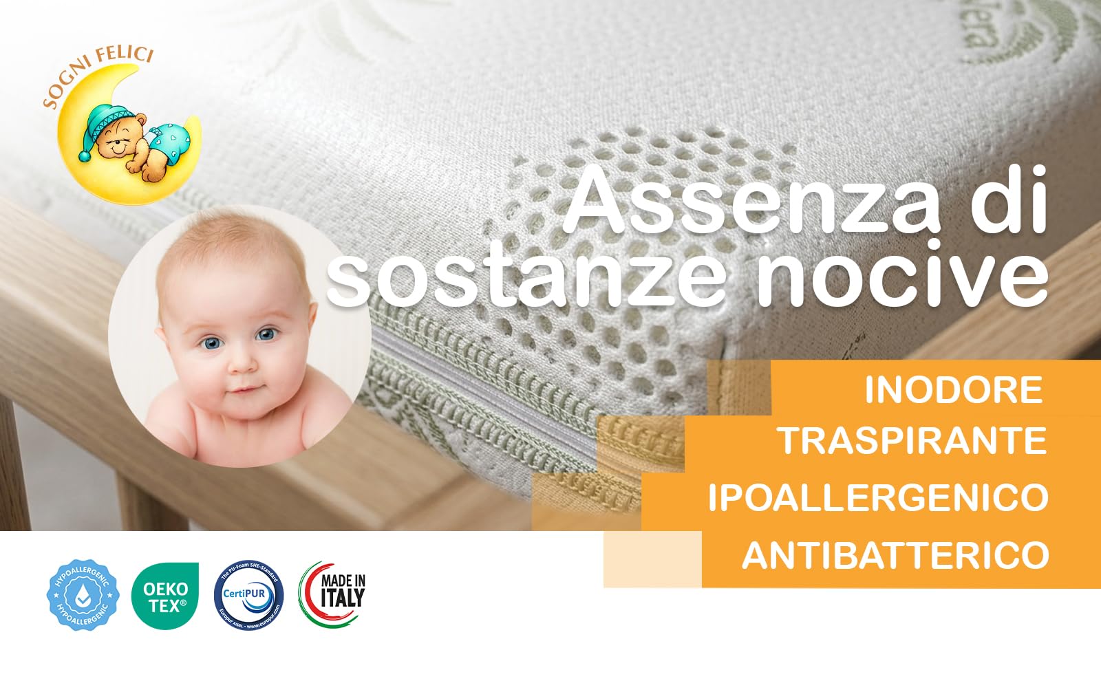 Materasso per Lettino Neonato 60x120 cm Spessore 10 cm con Cuscino – Rivestimento Aloe Vera Antiacaro, Traspirante e Lavabile antisoffocamento OEKO-TEX Standard 100 e CertiPUR