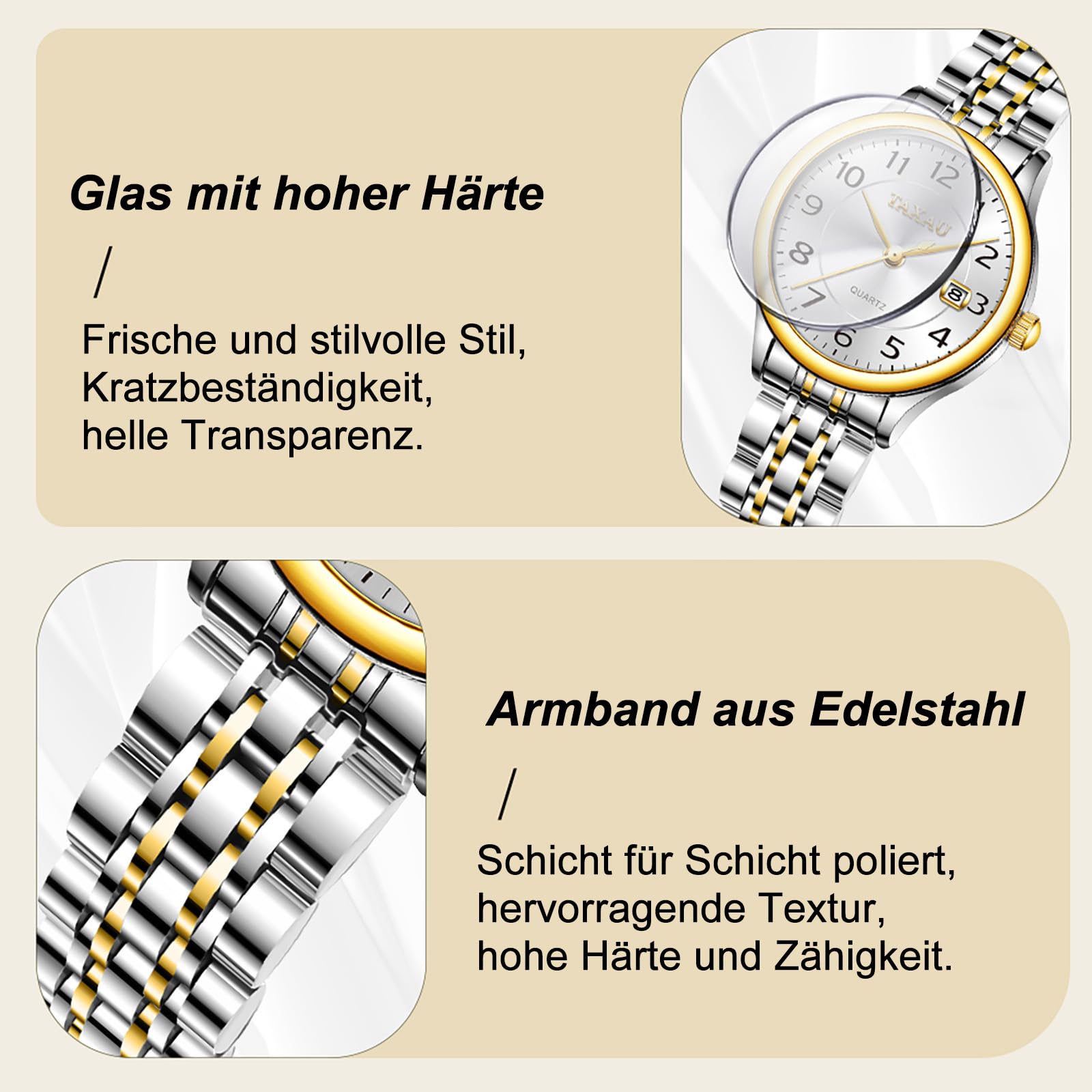 Taxau Damenuhren Arabische Ziffern Kleines Zifferblatt Easy Read Edelstahl wasserdicht Datum