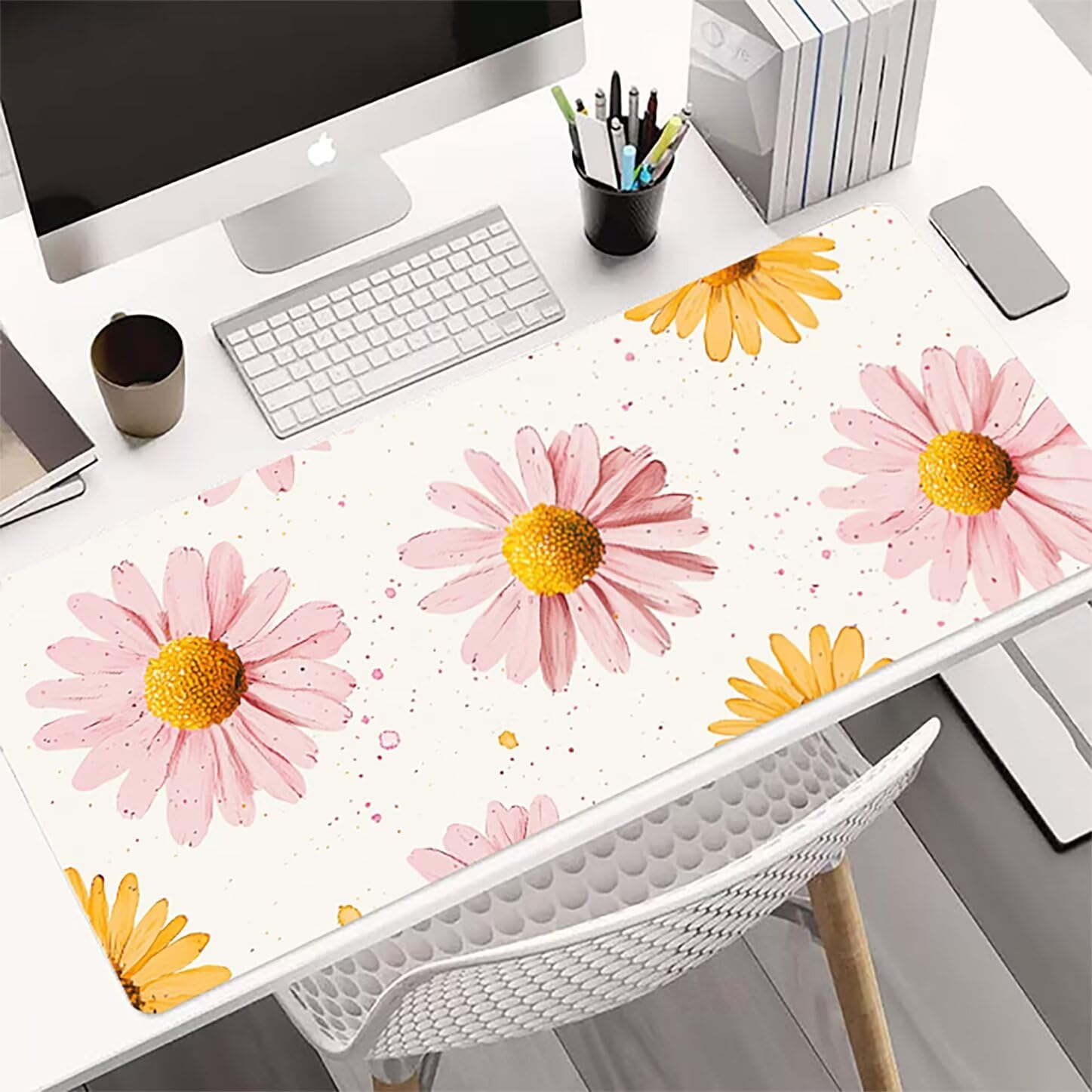 Lpfieonn Blume Schreibtischunterlage XXL, Beige Schreibtischunterlagen Großes, Gaming Mousepad XXL mit ernähter Rand und Rutschfeste Gummibasis, Desk Mat für PC/Laptop/Mausa 120x60cm PF-2386