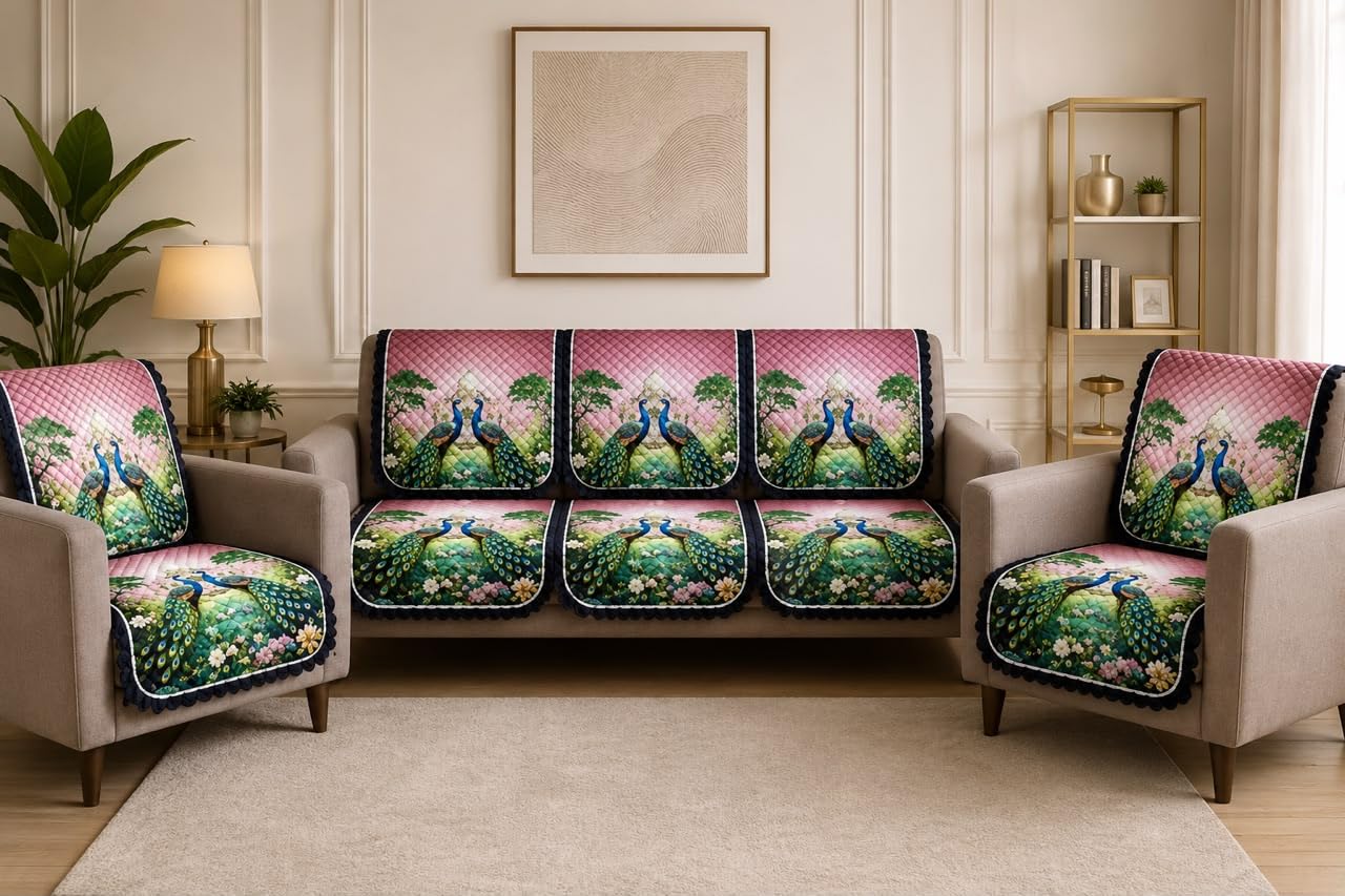 5 Seater Sofa Cover Set (3+1+1) | Peacock Print Quilted Sofa Cover | Anti-Slip Washable Furniture Protector | Cotton Blend Sofa Seat Cover Set for Living Room | Pink | 10 Pieces-image-9