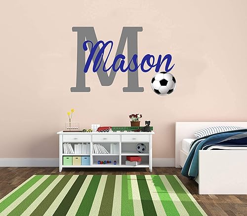 Miniatura 6 de Calcomanía de pared con nombre personalizado e inicial de fútbol, calcomanía de pared de pelota de fútbol con nombre, calcomanías de pared de