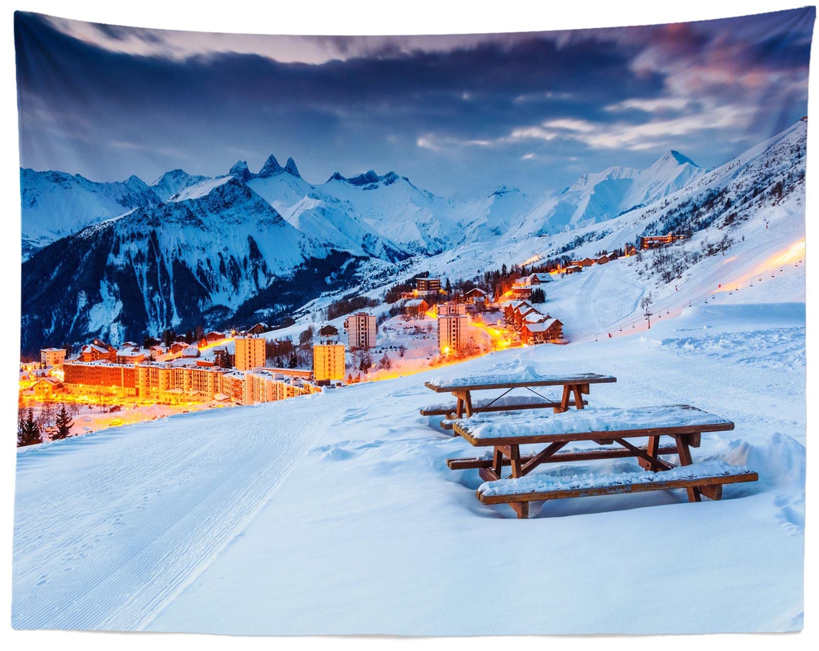 CORFOTO 180x120cm Winter Tapestry Winter Sunrise Landscape Background Paper Town Snow Mountain Pine Forest Wall Art Bedroom Living Room College Dorm Home Decor Snow Scene Wall Art