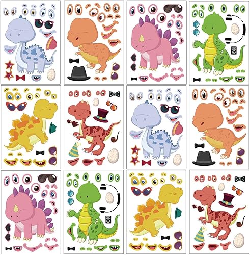 Miniatura 1 de 24 hojas de 8.27 x 5.9 pulgadas, haz tus propias calcomanías de dinosaurio para niños pequeños, haz una cara para niños, regalos de fiesta para
