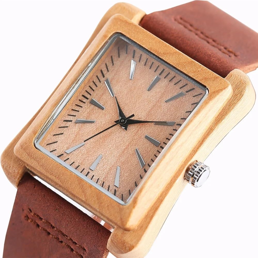 Orologio da Uomo in Legno con Cinturino in Pelle, Stile Moderno, Stile Casual, al Quarzo, Rettangolare, Stile Log, Stile Naturale(Cherry Wood A)