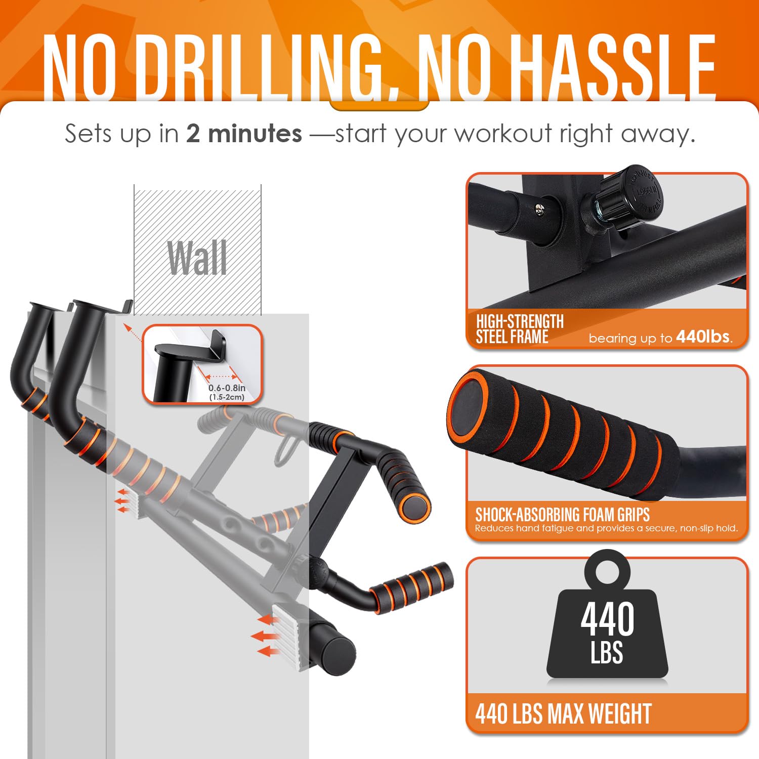 Barra per trazioni da porta, per allenamento di forza, fitness, chin-up, per esercizi in palestra a casa, con presa multiangolare, limite massimo di 230 kg, barra per allenamento per la