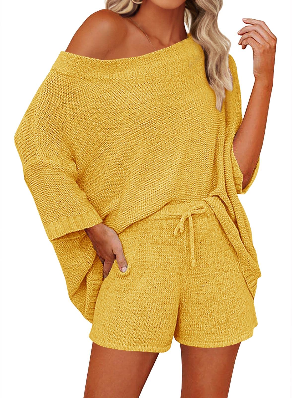 Mafulus Women's 2 Piece Outfits Sweater Sets Off Shoulder Knit Top Shorts Matching Suits Cute Pajama Lounge Set