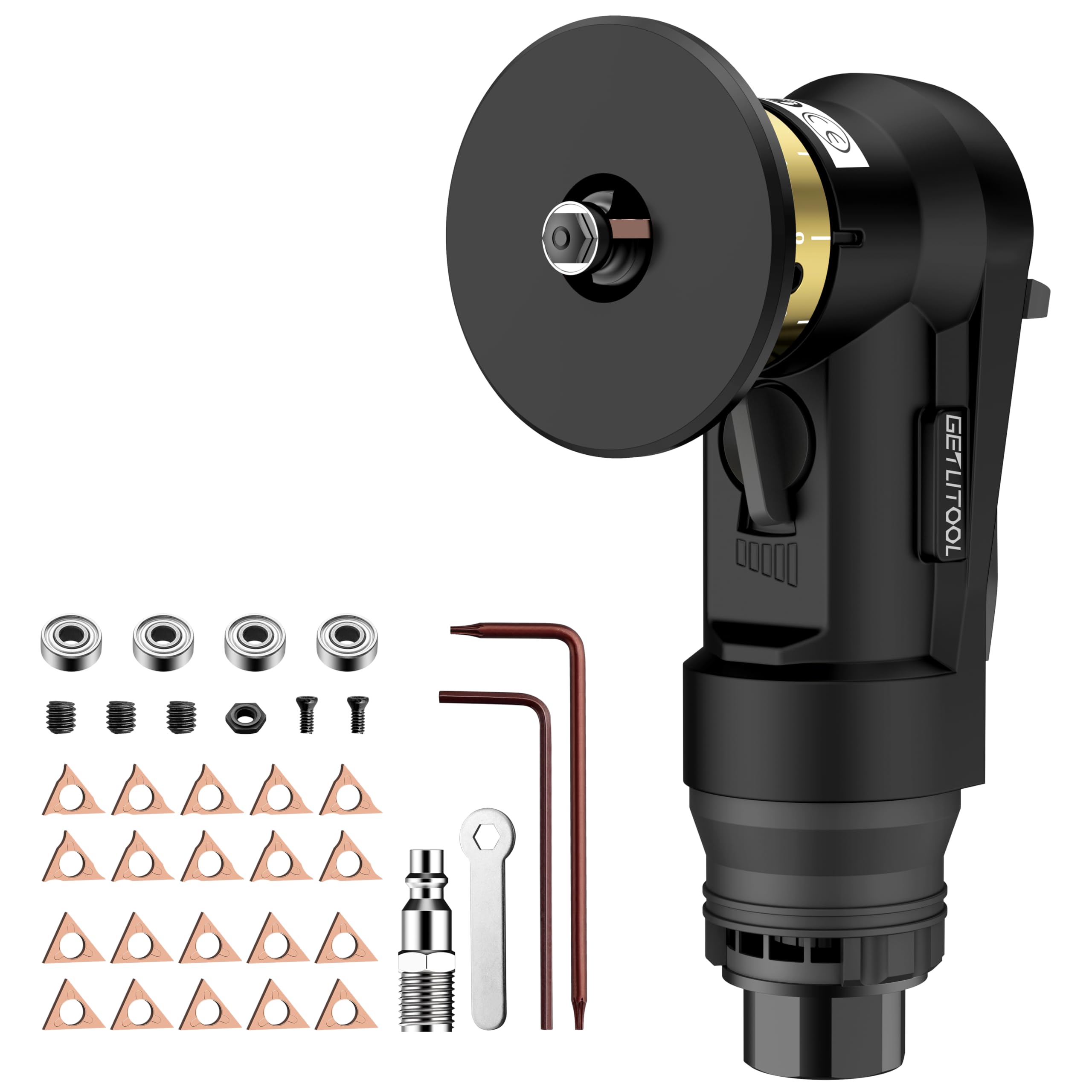GETLITOOL Strumento pneumatico per smussatura, mini kit di utensili per smussatura ad aria con 12 lame ad angolo C e 10 lame ad angolo R, 45 gradi, 30000 giri/min, con presa d'aria da 1/4 di pollice