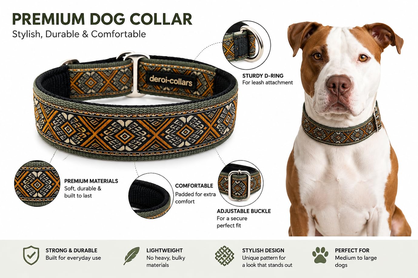 Zugstopp Hundehalsband extra breit 4cm weich gepolstert verstellbar Boho Ethno Muster braun beige Gold bis 44cm Hals 50cm Kopfumfang Stahl